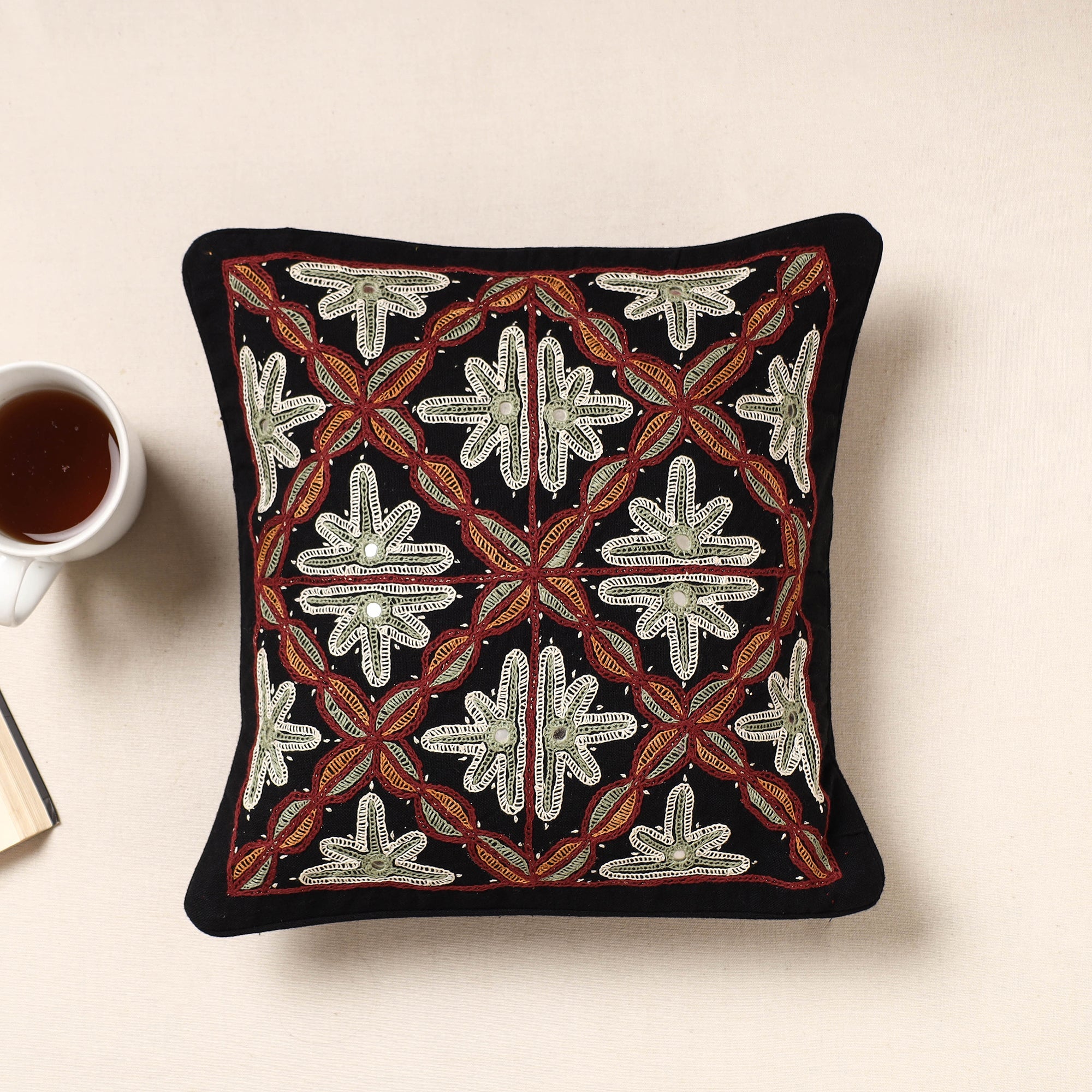 Black - Kala Raksha Pakko Hand Embroidery Cotton Cushion Cover (12 x 12 in)