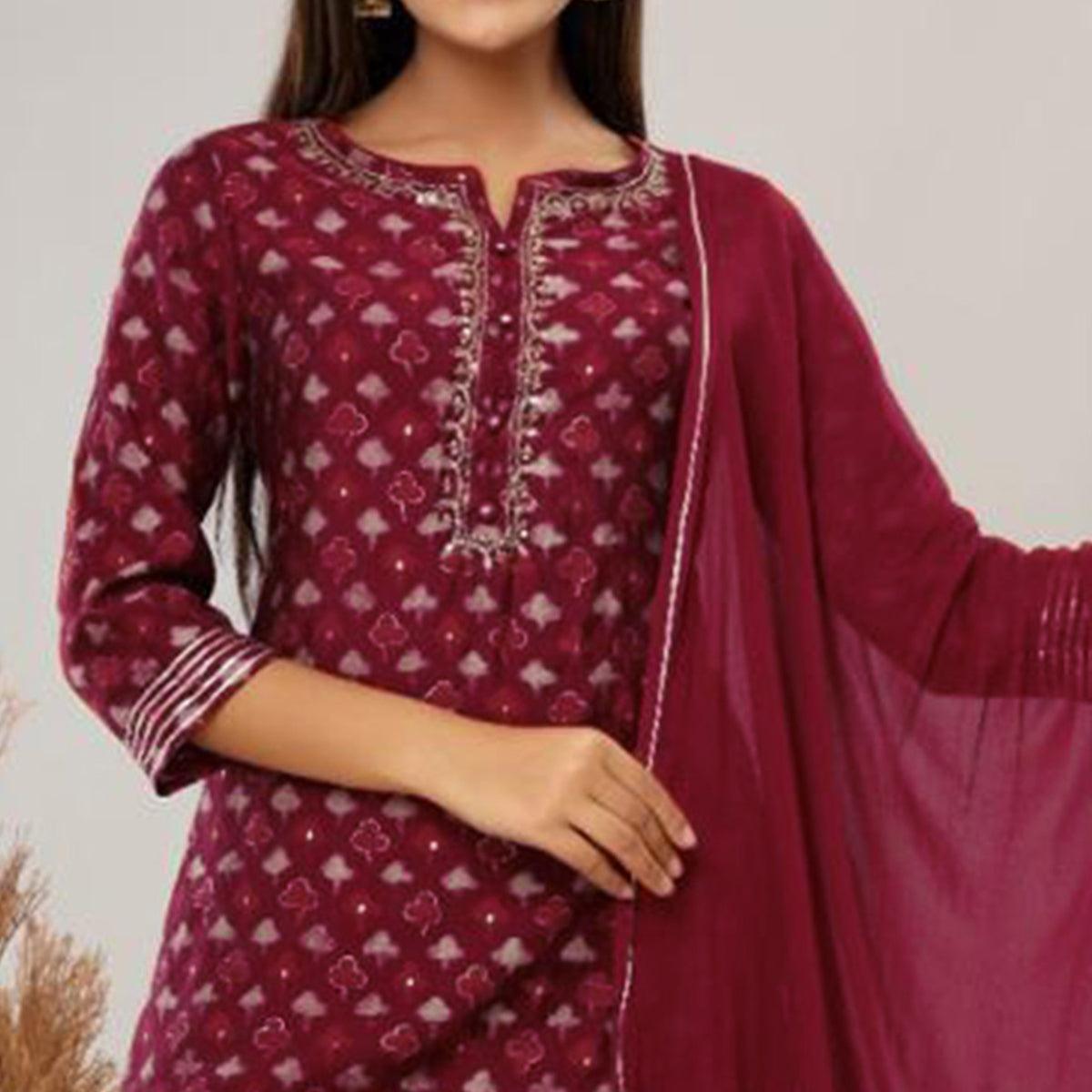 Peachmode Maroon Printed Pure Cotton Sharara Suit - view 2