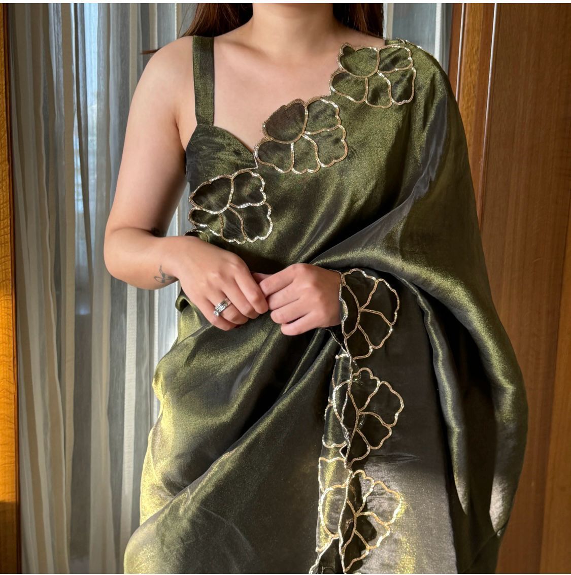 ClothsVilla Mehndi Green Lotus Jari Silk Saree with Exquisite Golden Handwork & Running Blouse