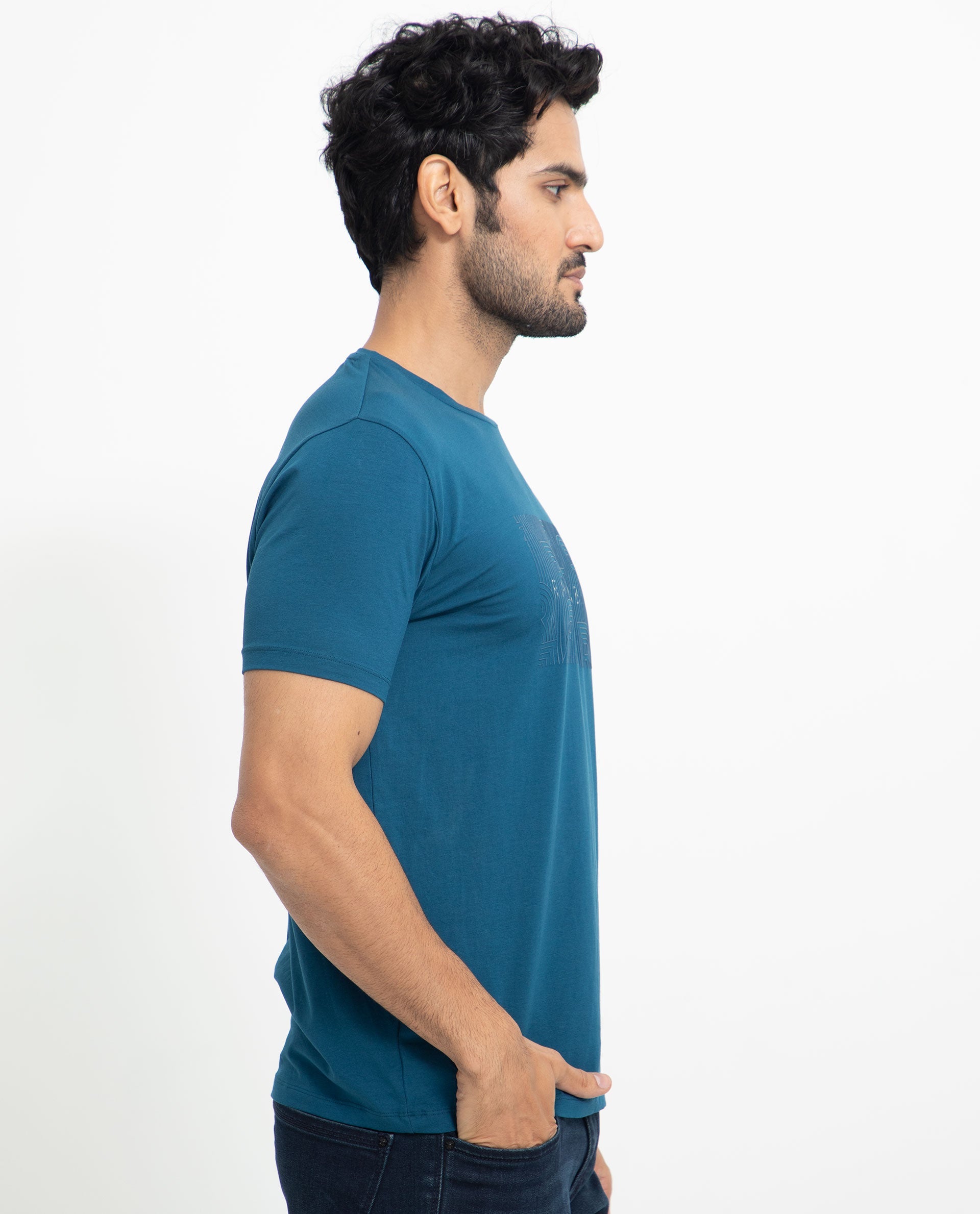 Rare Rabbit Men's Alanet Teal Crew Neck Foil HD Print Branding Half Sleeves Regular Fit T-Shirt - view 7