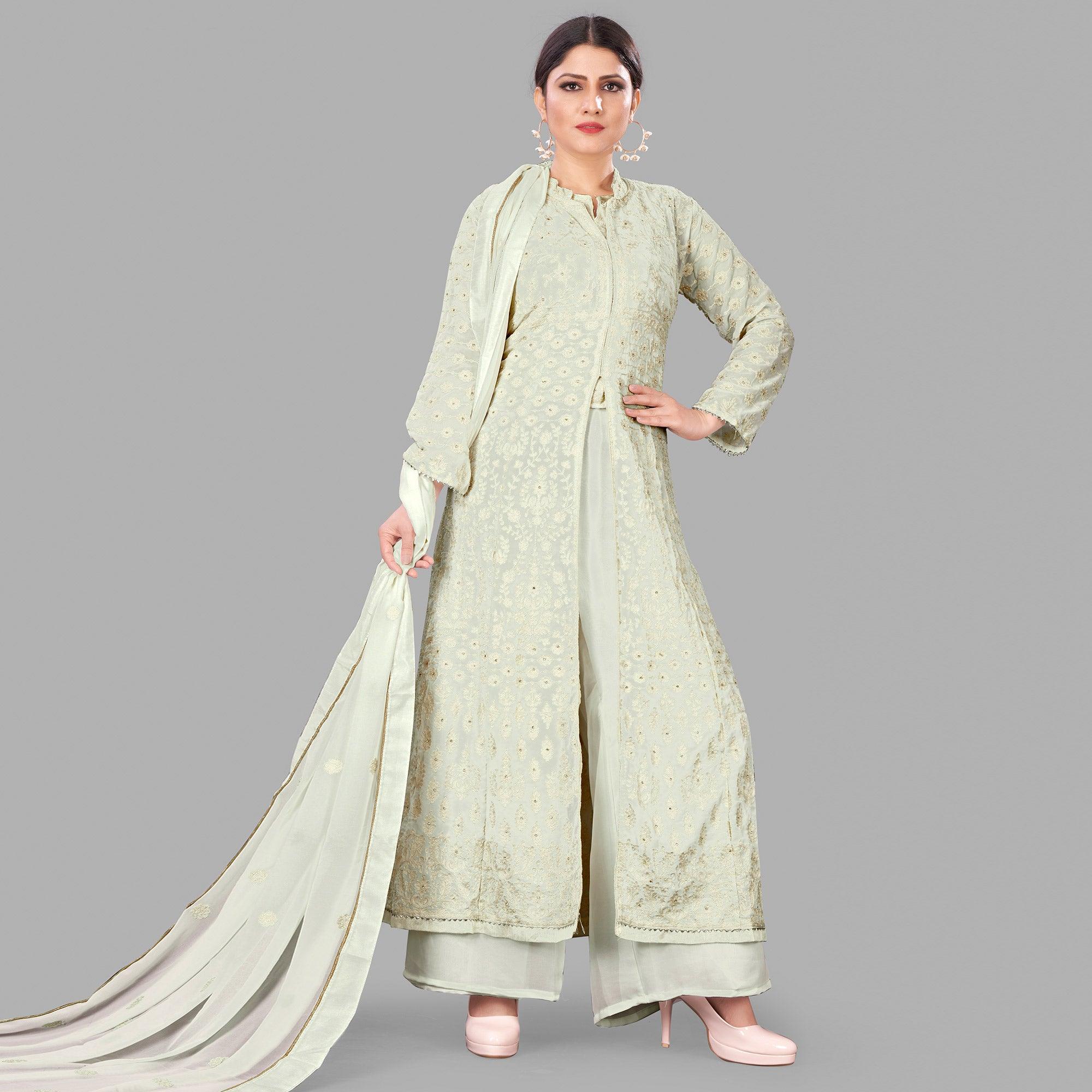 Peachmode Seller Cream Partywear Embroidered Heavy Faux Georgette A line Anarkali suit