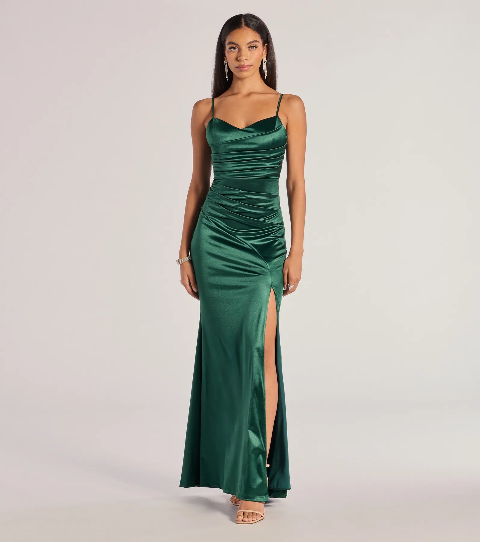 Windsor Kamari Satin Pleated High Slit Mermaid Dress