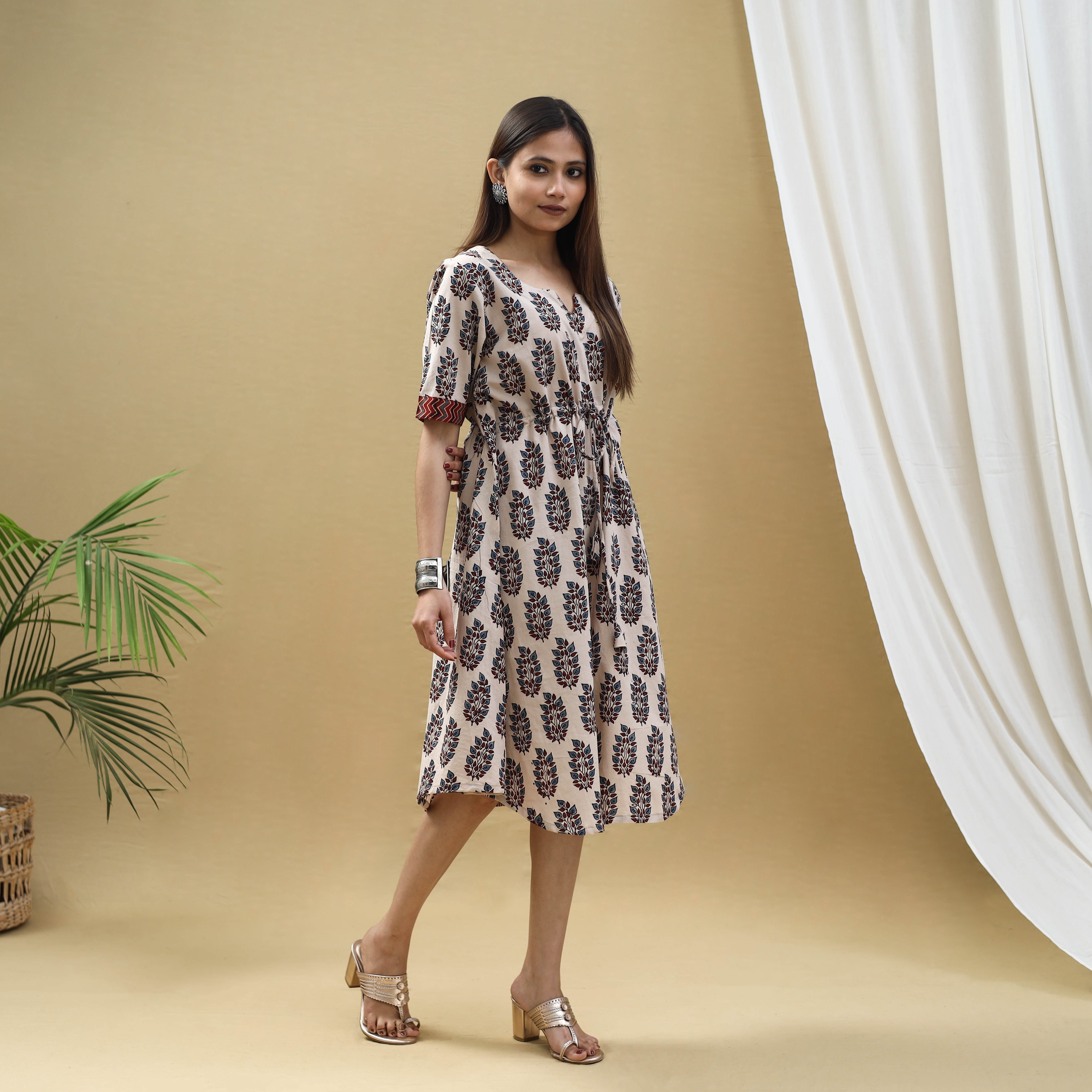 ITOKRI CASUALS Beige - Block Print Cotton Flared Short Ajrakh Dress 12 - view 3