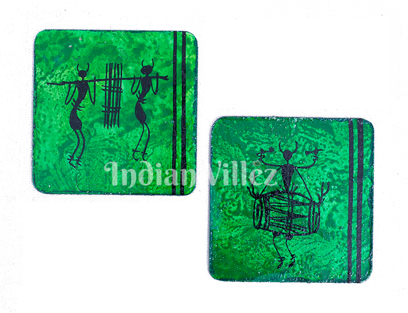 IndianVillèz Saura Art Themed Hand Painted Tray with Coasters - view 4