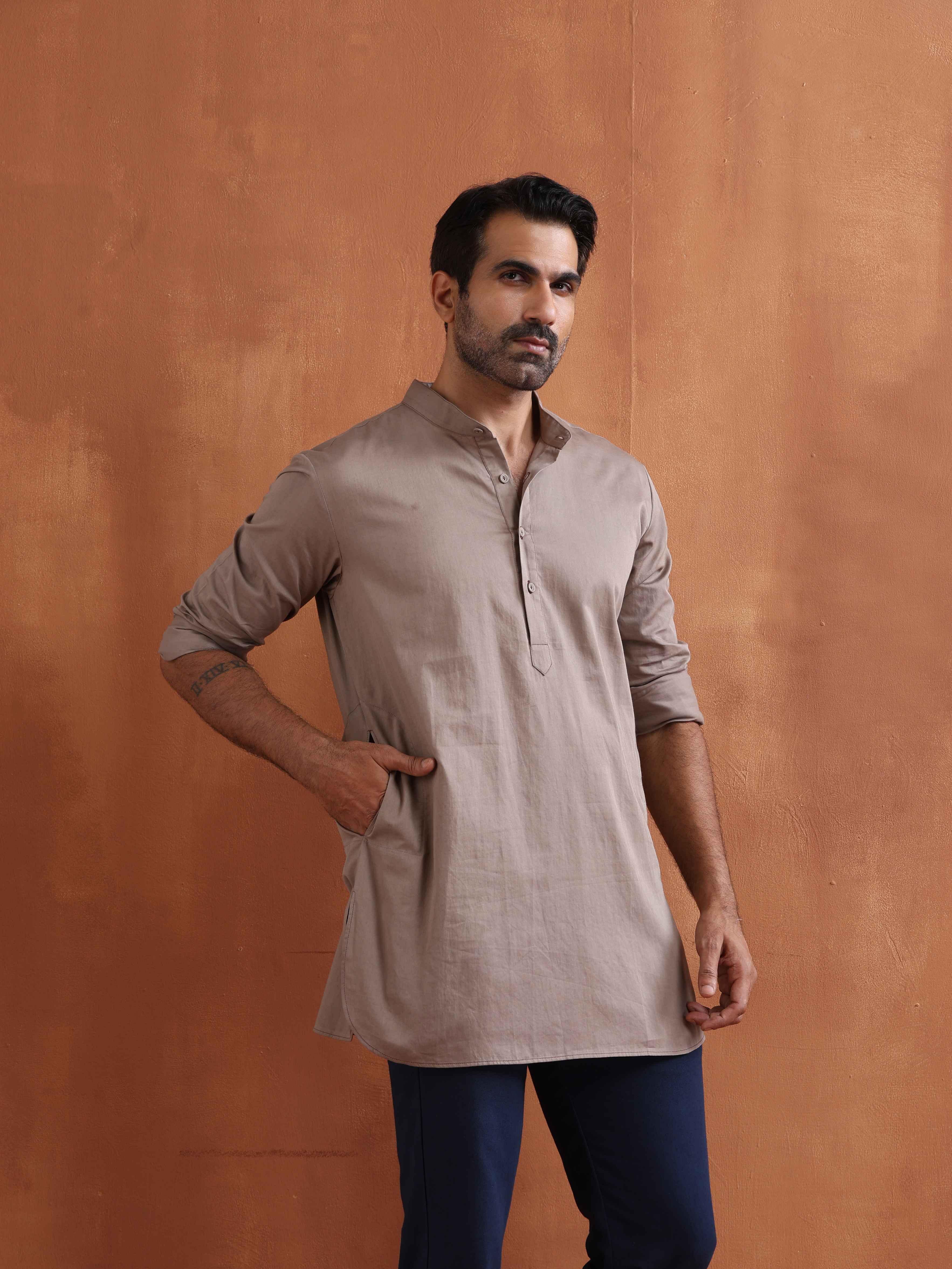 trueBrowns Men's Beige Cotton Short Kurta - view 3