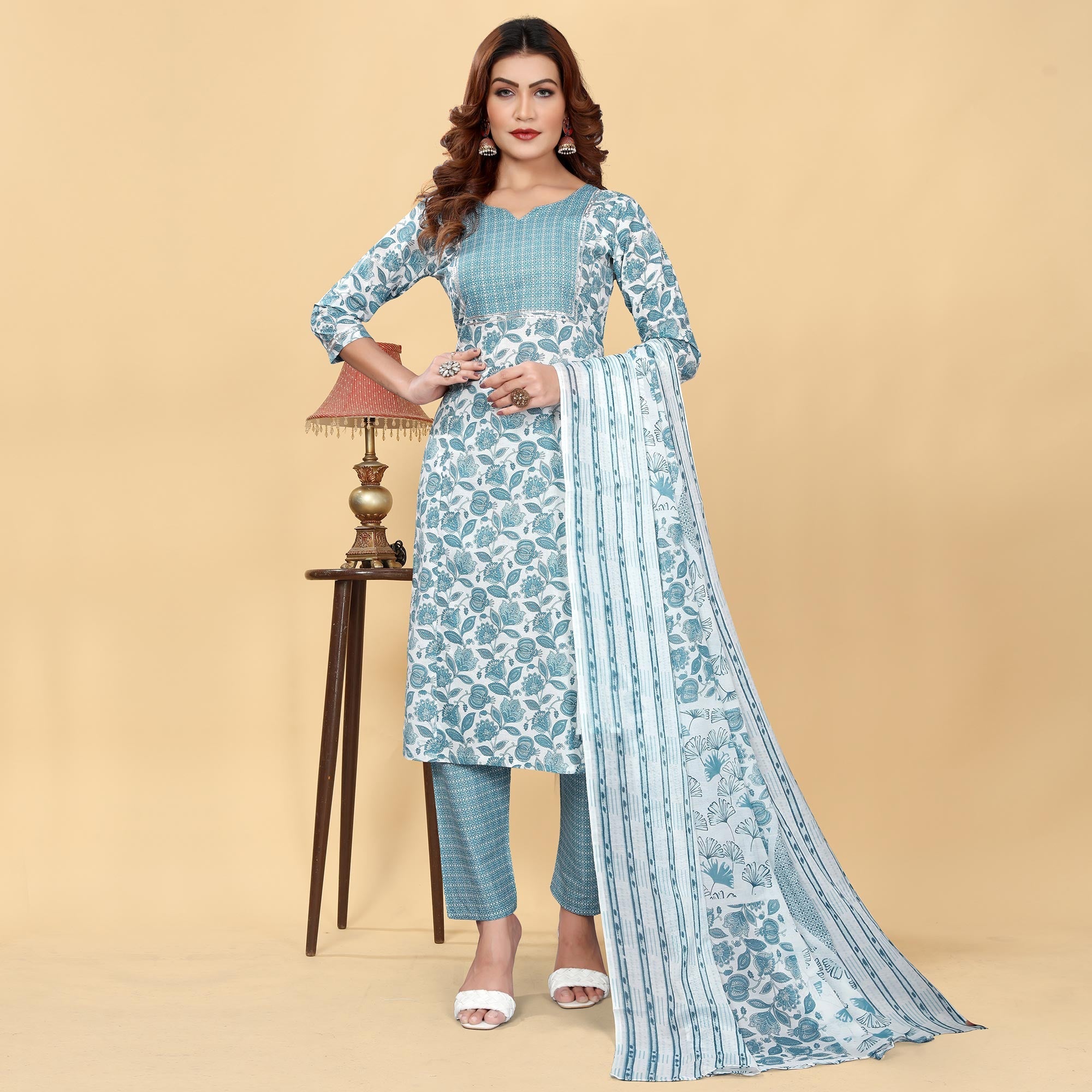 Peachmode Seller Greyish Blue Floral Printed Cotton Blend Salwar Suit - view 2