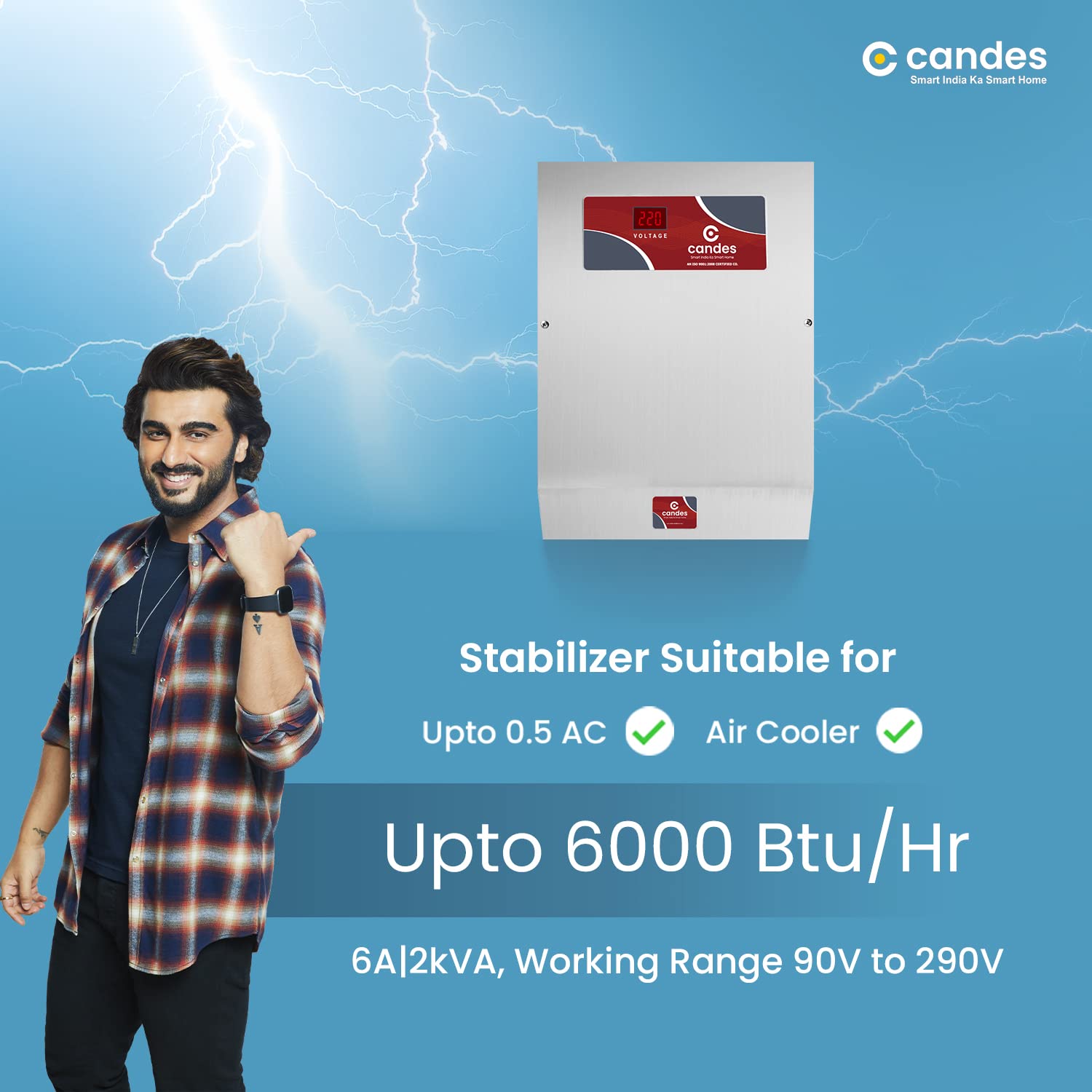 Candes Supreme 2Kva Voltage Stabilizer for 0.5 Ton AC/Air Cooler/Deep Freezer/Washing Machine/Microwave Oven/Tread Mill (Working Range - 90V-290V) Red - view 2