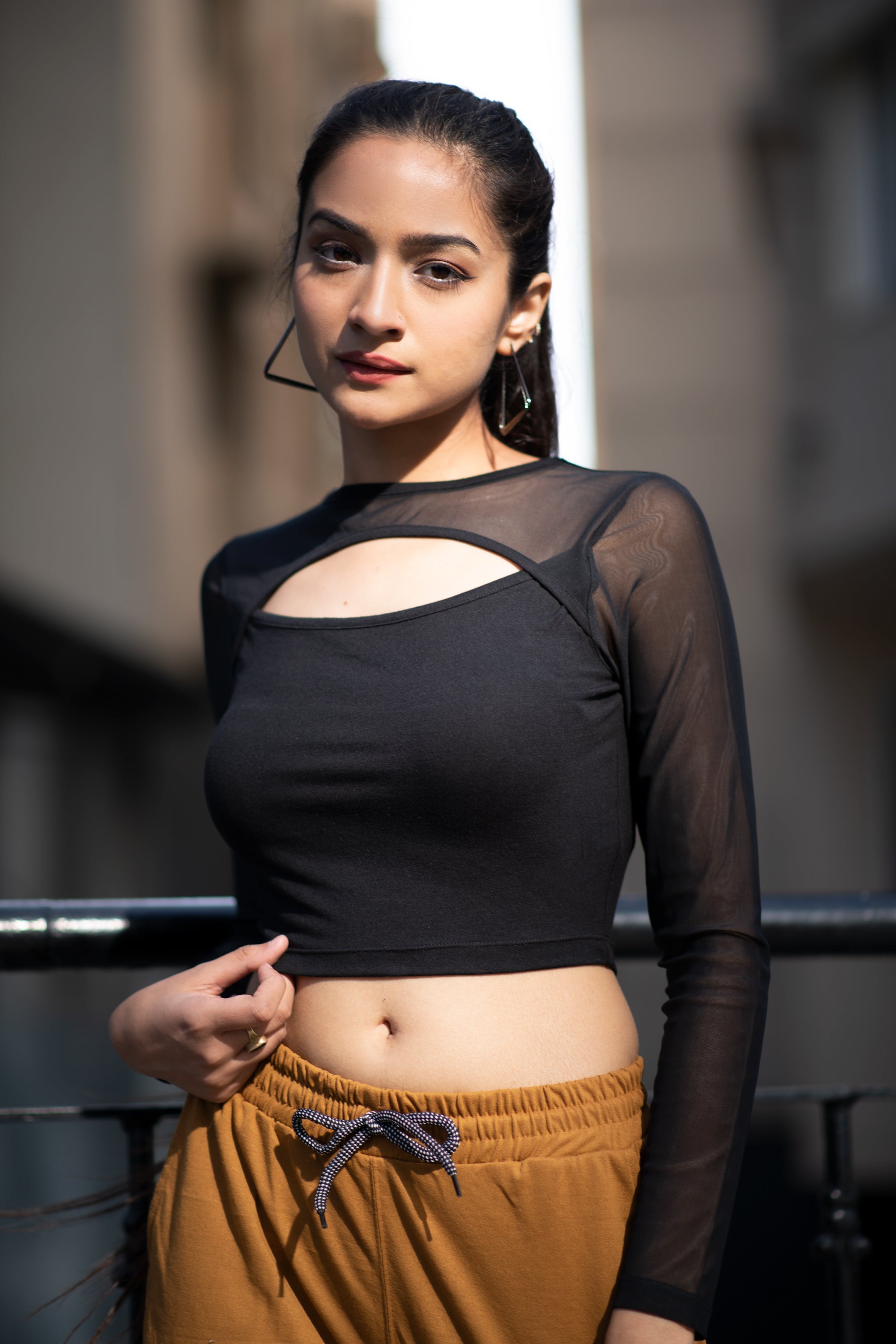 Baddie Keyhole Mesh Trim Knit Top – Black - view 2