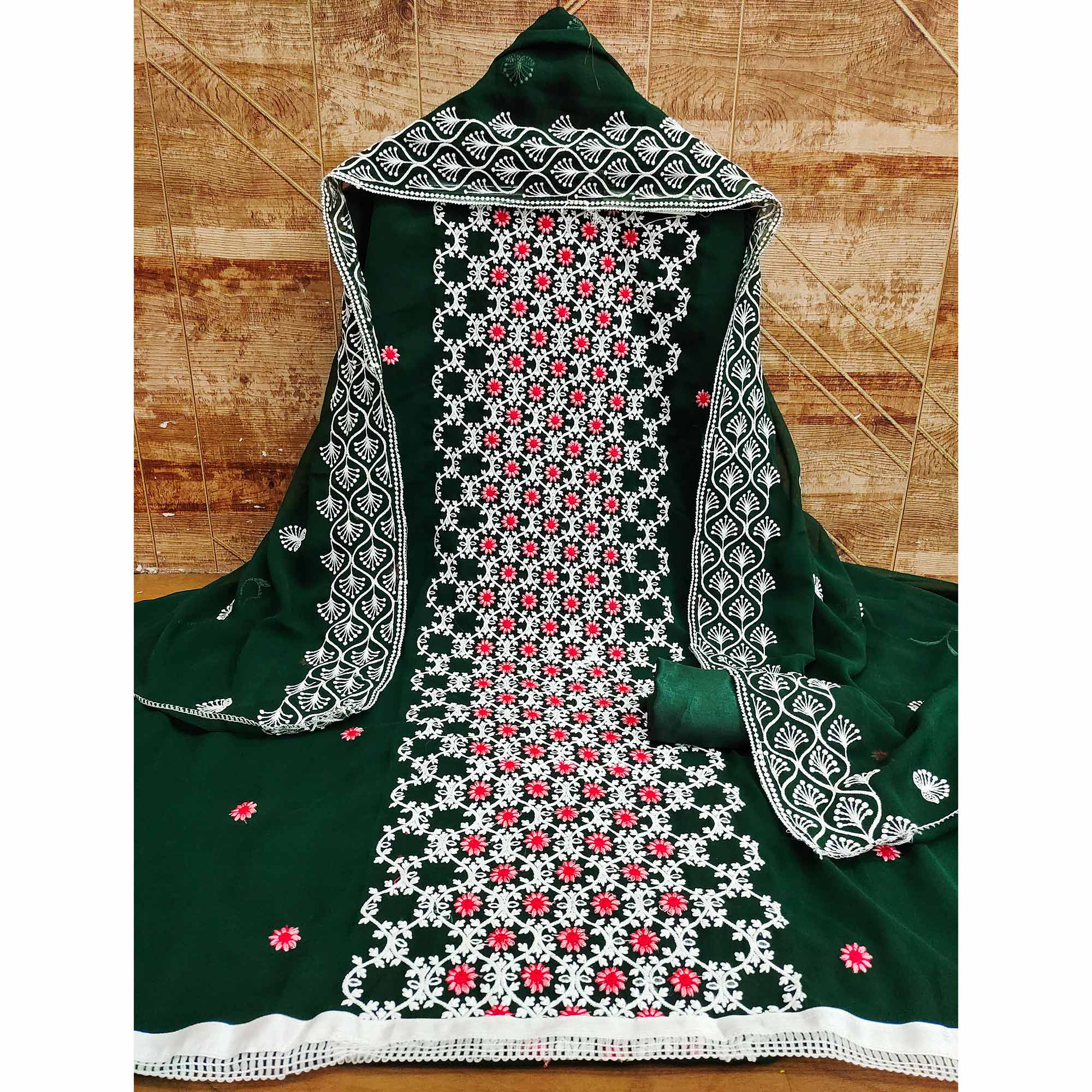 Peachmode Bottle Green Embroidered Georgette Dress Material - view 3