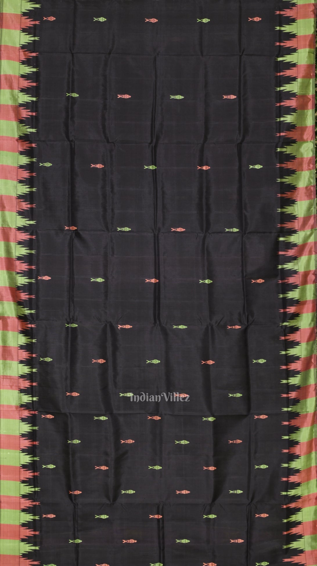 IndianVillèz Black with Fish Motif Double Pallu Berhampuri Silk Saree - view 4