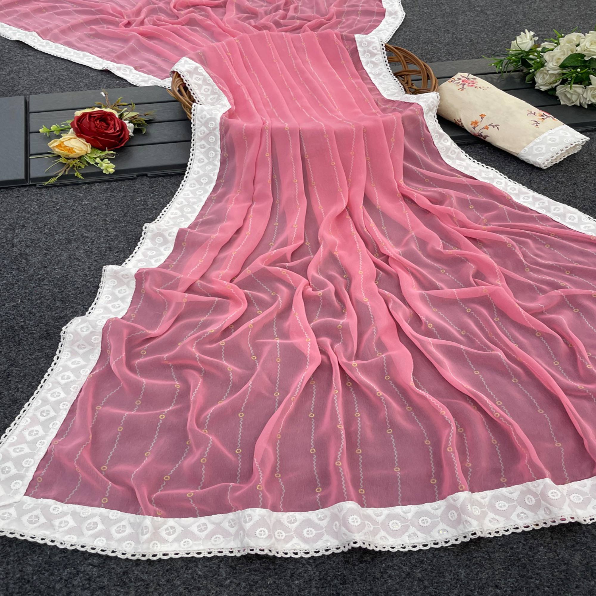 Peachmode Light Pink Foil Printed Georgette Saree With Embroidered Border