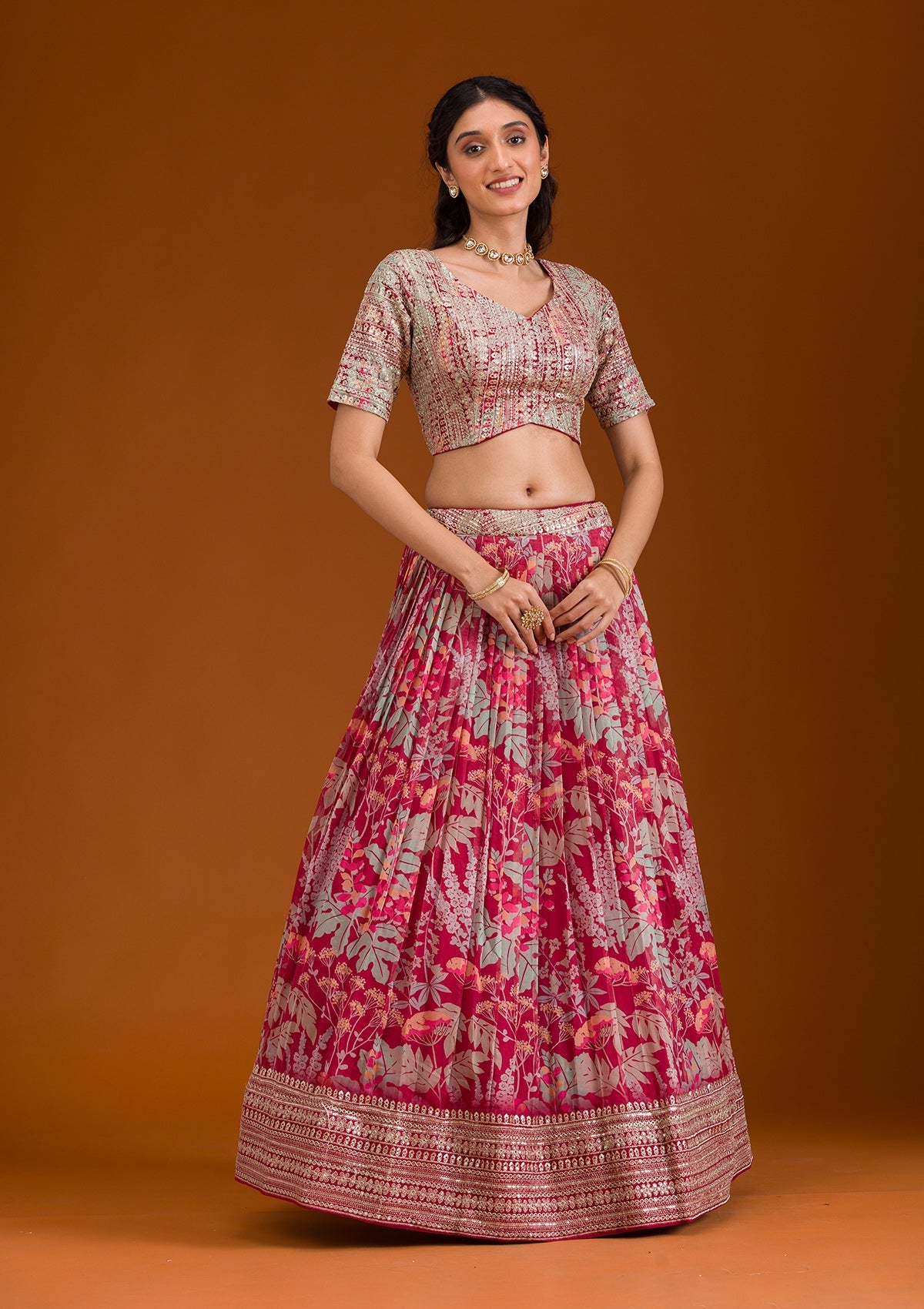 Koskii Maroon Printed Georgette Readymade Lehenga - view 4