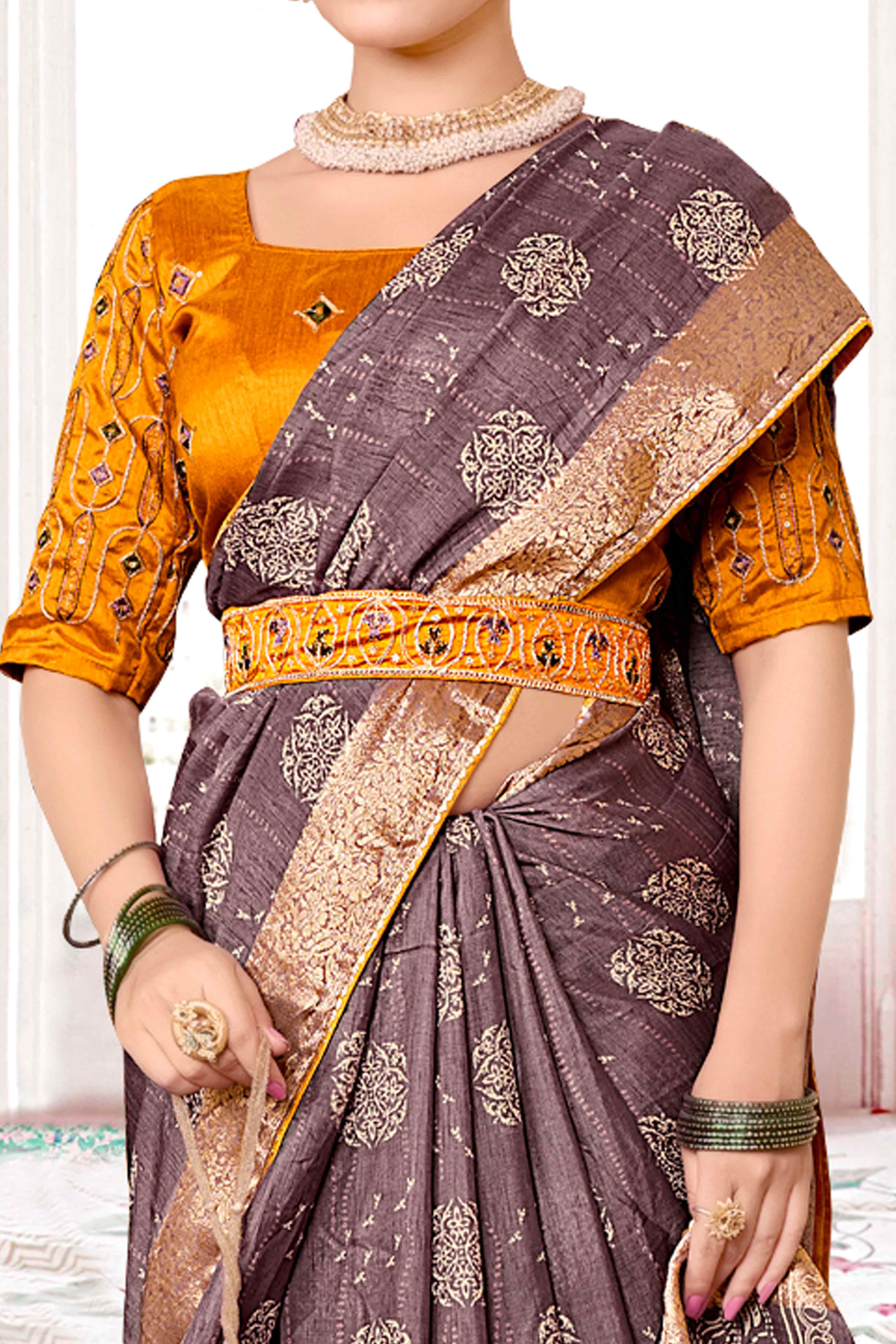 Peachmode Light Mauve Floral Printed Muslin Saree With Woven Border - view 2