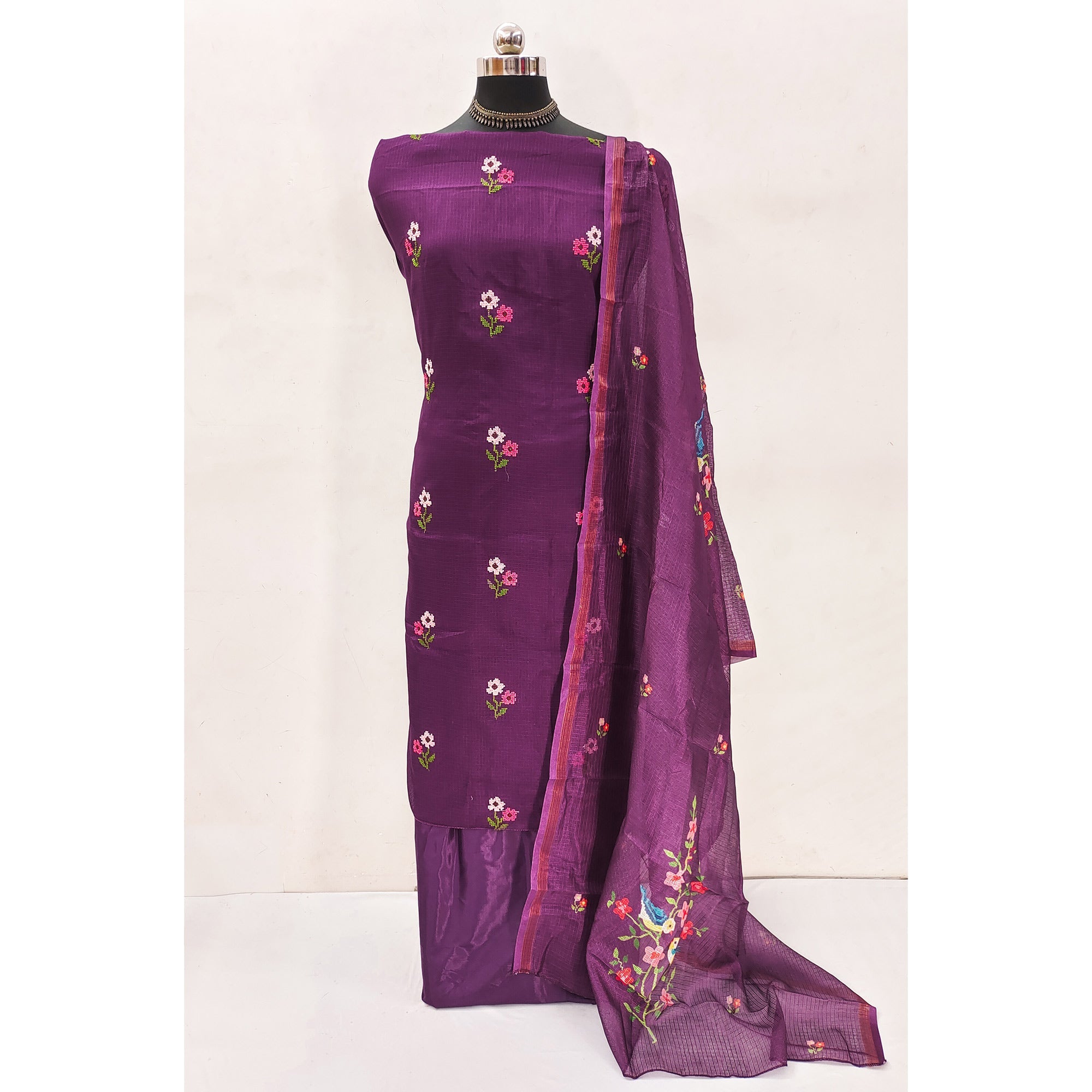 Peachmode Dark Purple Floral Embroidered Kota Doria Dress Material - view 3