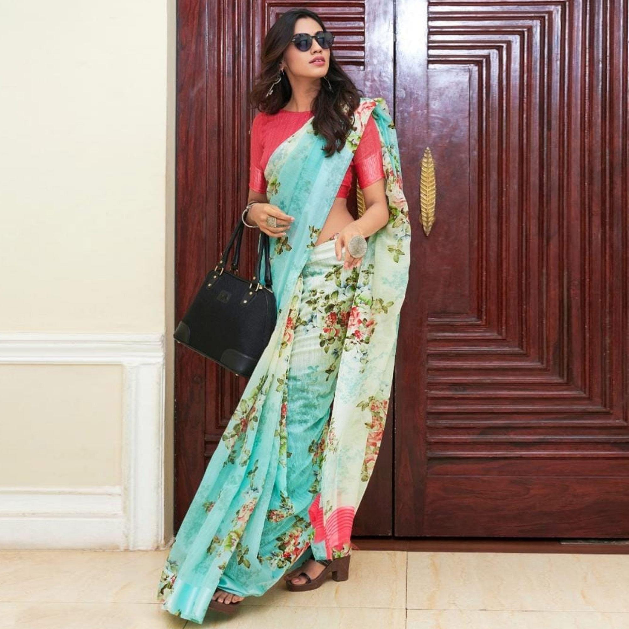 Peachmode Intricate Aqua Blue Colored Casual Wear Floral Printed Linen Saree