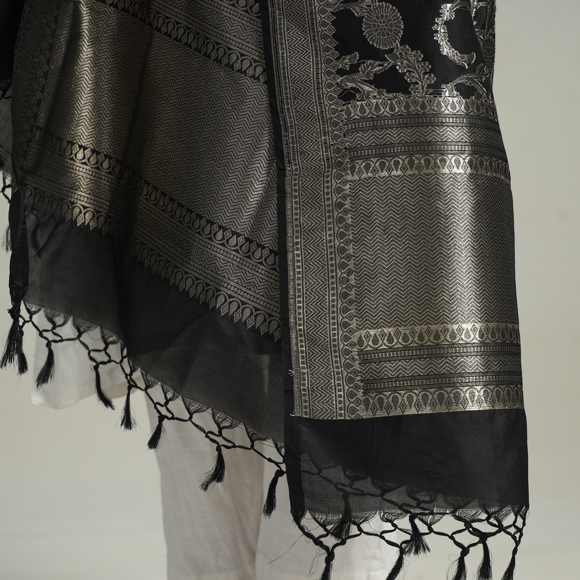 BANARASI BY MAQBUL HASAN Black - Banarasi Semi Silk Zari Jaal Dupatta with Tassels 71 - view 4