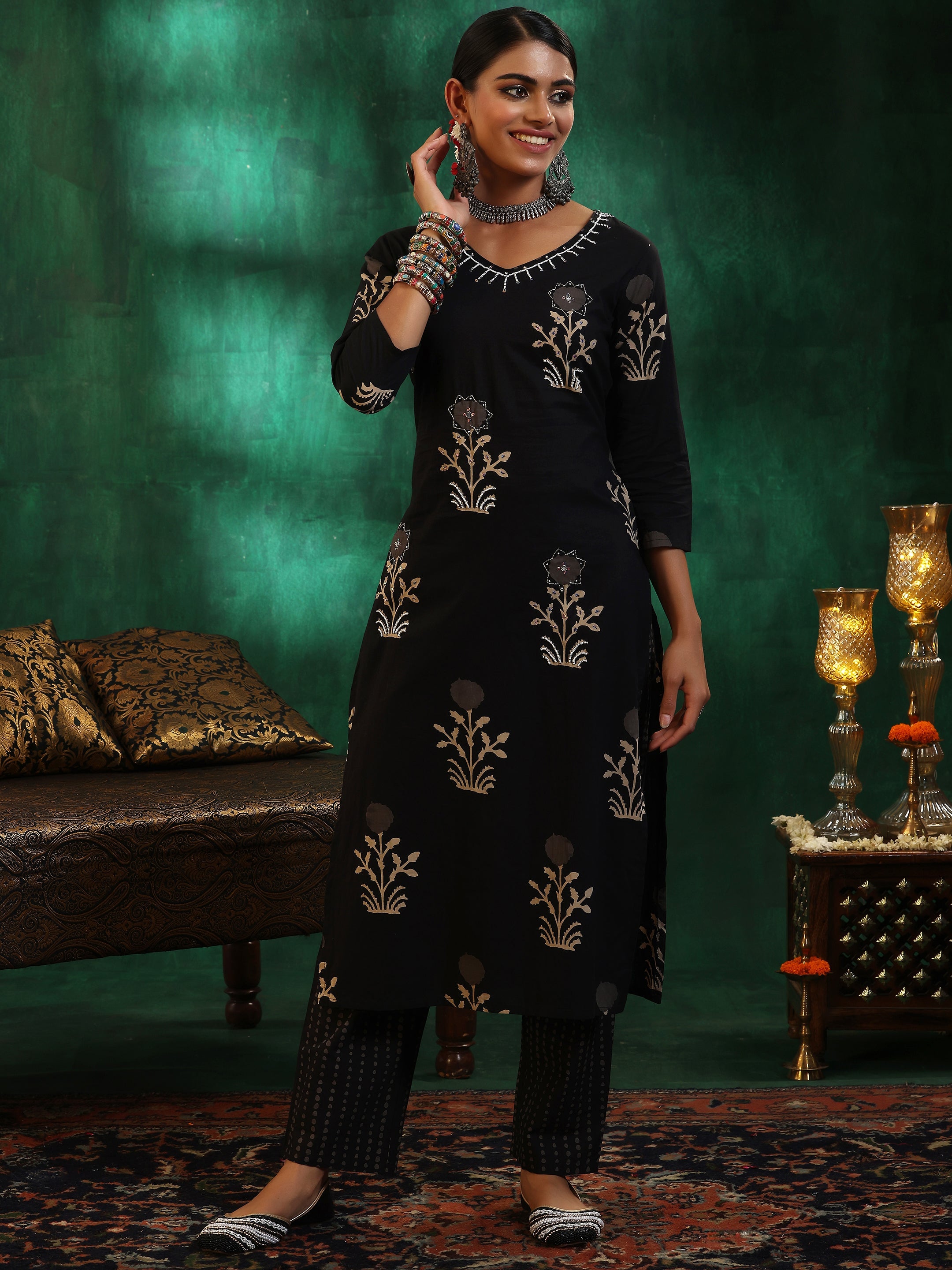 Libas Black Printed Cotton Straight Kurta Set - view 2