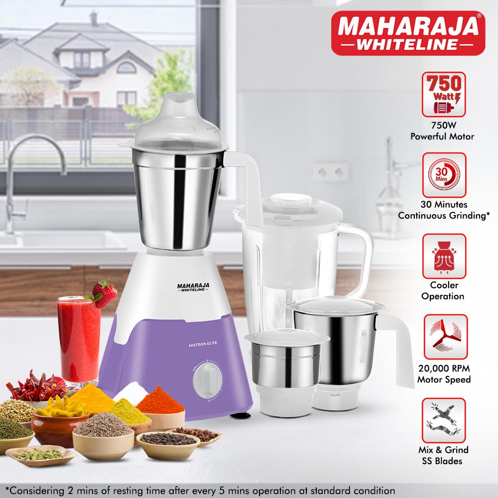 Maharaja Whiteline Mixtron Elite 750 Watts Mixer Grinder with 4 Jars | White & Lavender - view 2
