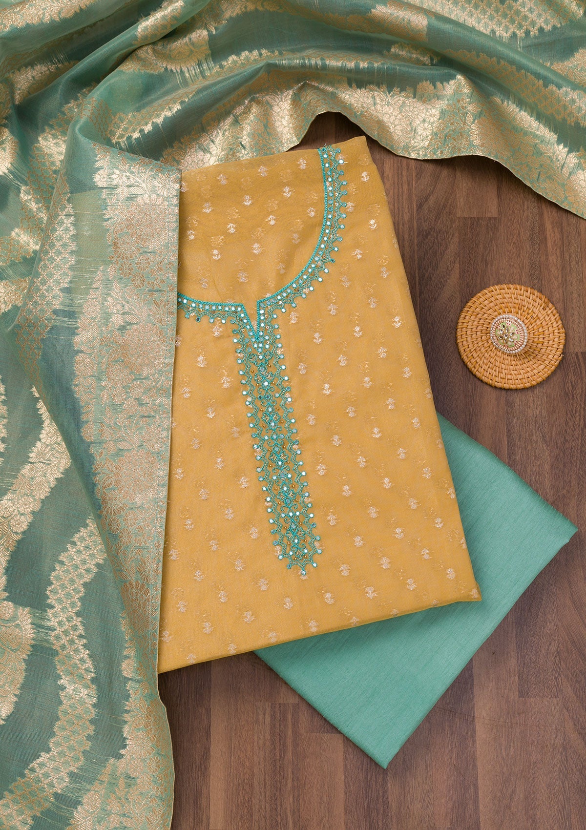 Koskii Mustard Zariwork Banarasi Unstitched Salwar Suit