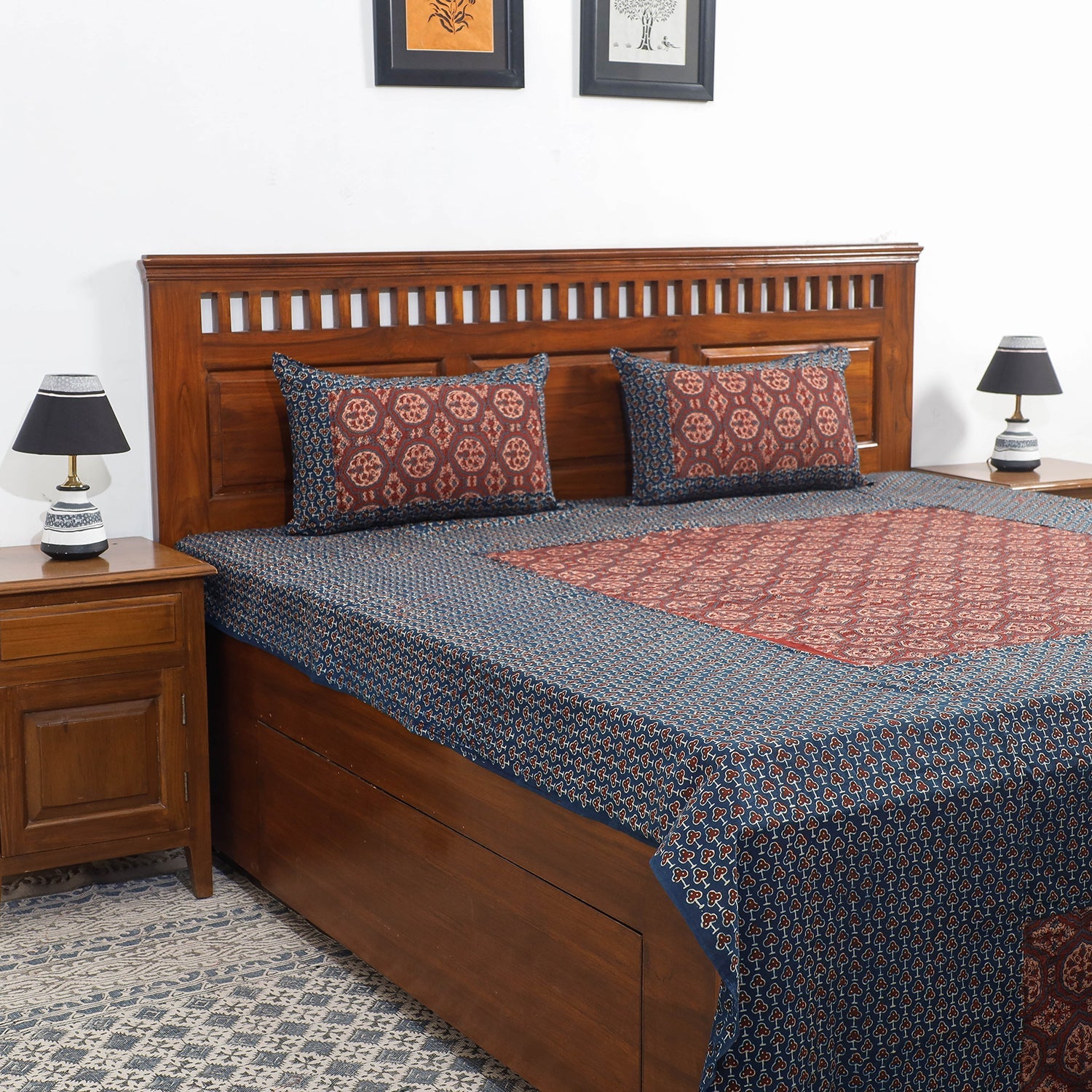 HAVELI CHRONICLES Blue - Ajrakh Patch Tukdi Kaam Cotton Double Bed Cover with Pillow Covers (109 x 86 in)