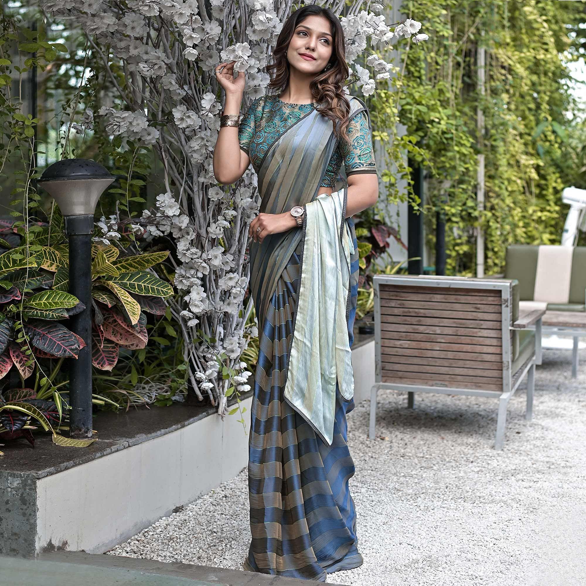 Peachmode Grey Stripe Printed Satin Saree – Women's