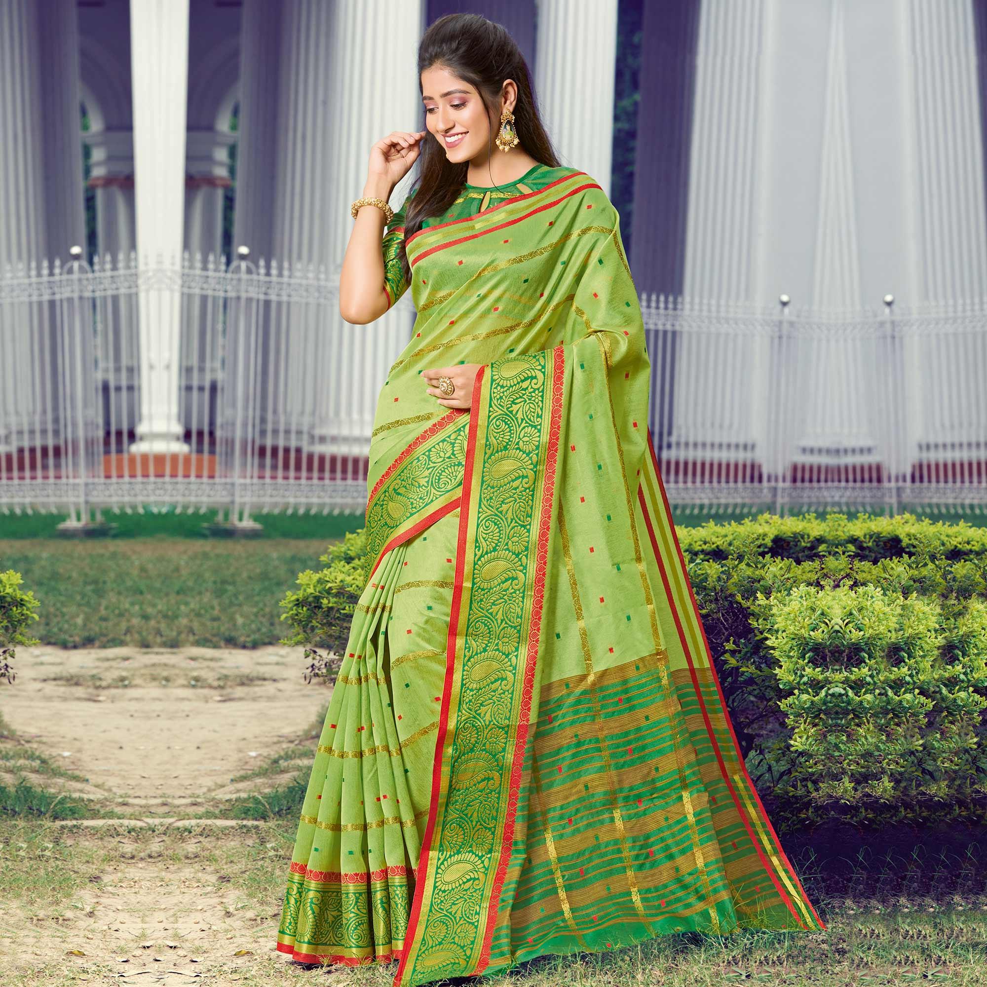 Peachmode Ethnic Green Colored Festive Wear Woven Handloom Silk Saree