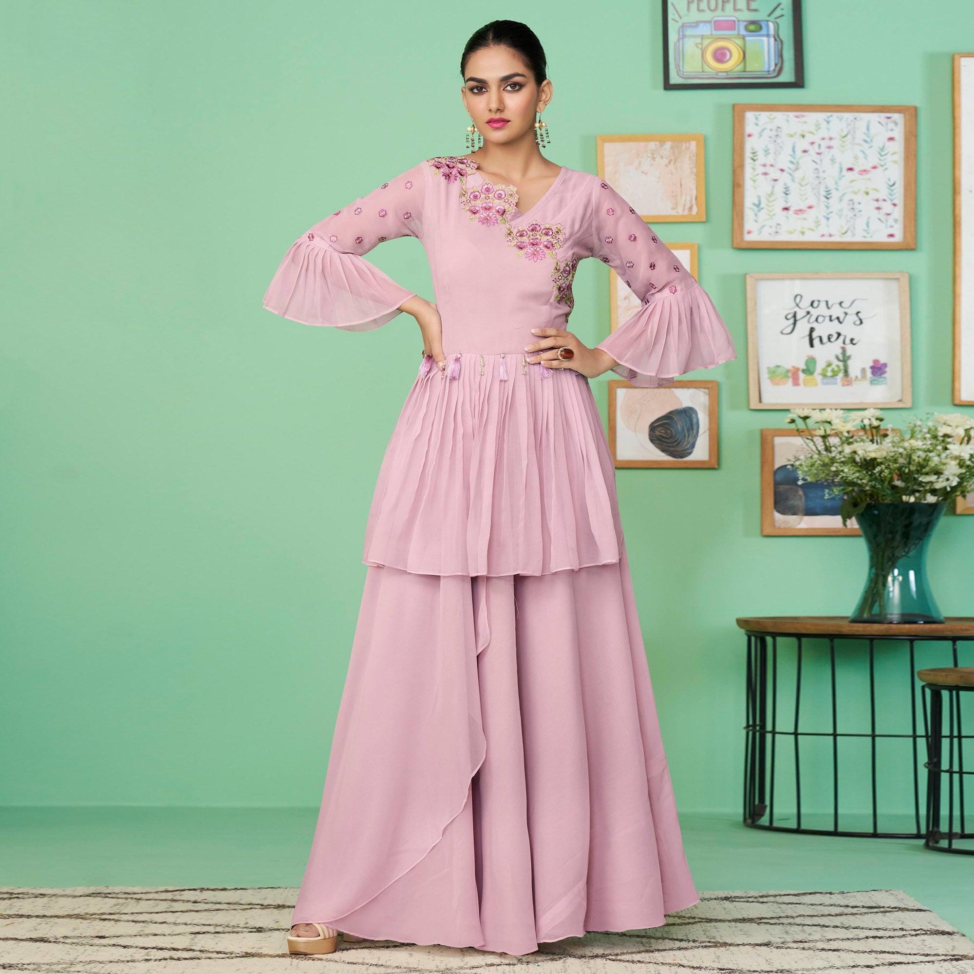 Peachmode Mauve Embroidered Georgette Gown