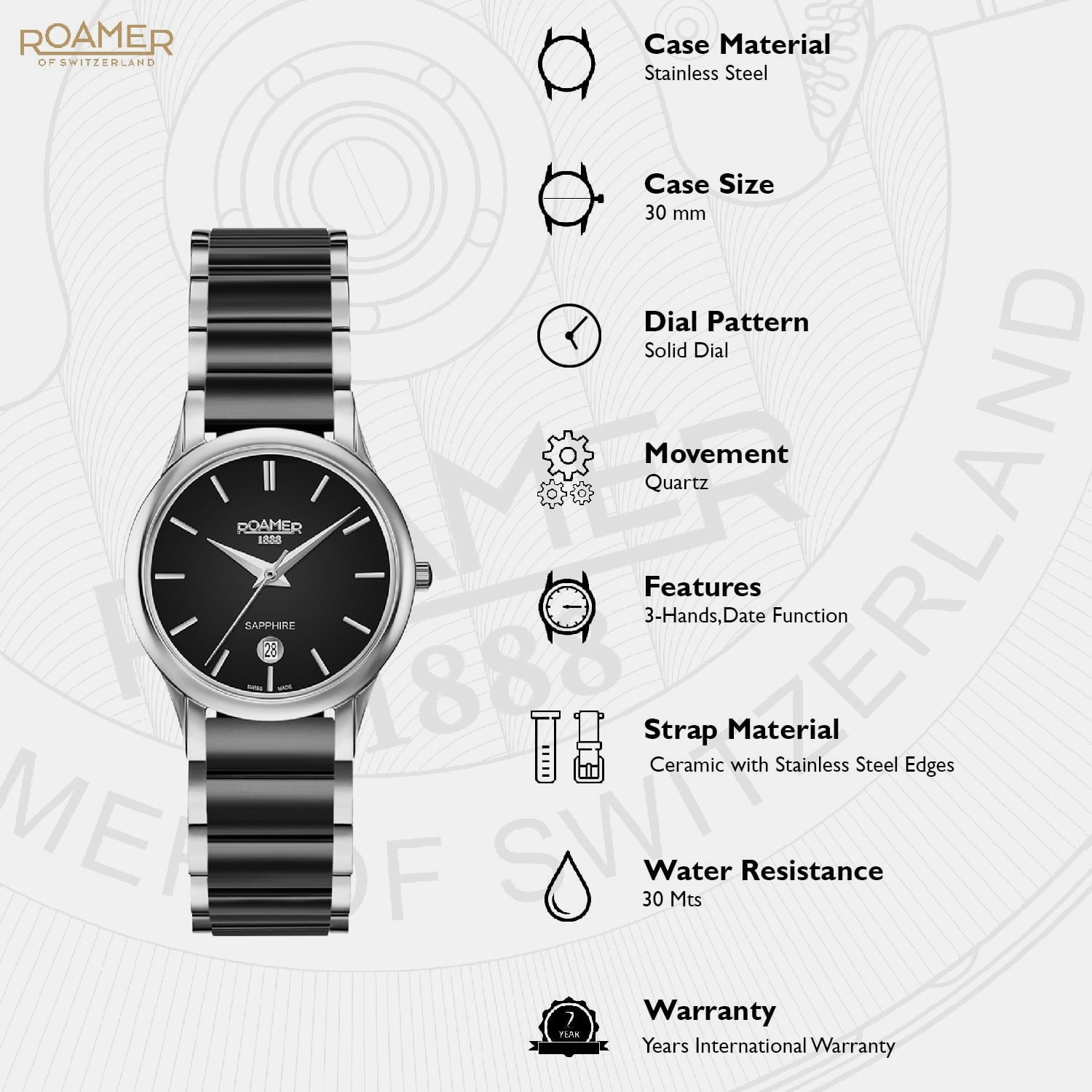 Roamer C-Line Women Quartz Black Dial Analog Ceramic Watch 657844 41 55 60 - view 5