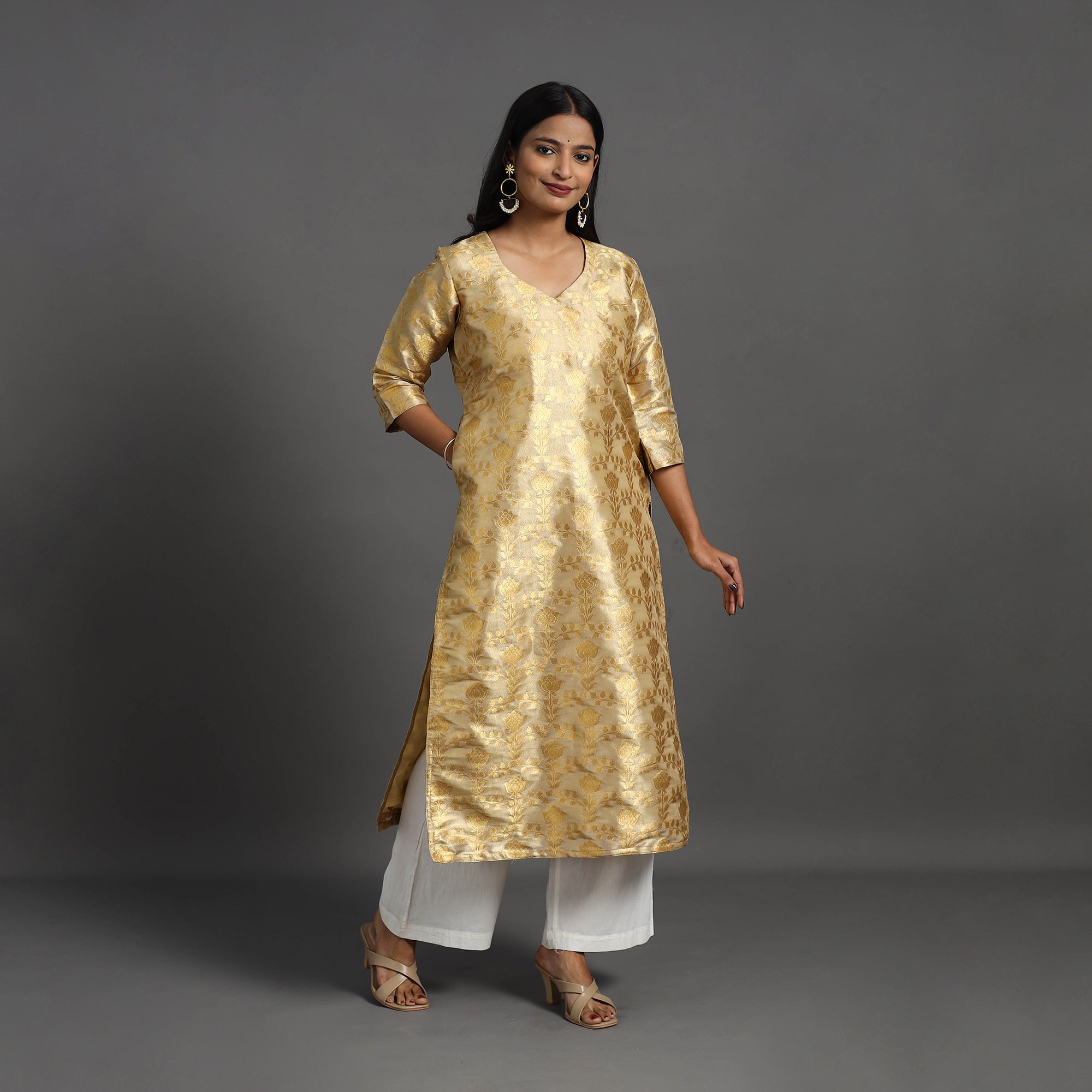 ITOKRI CASUALS Beige - Cutwork Tissue Zari Jaal Banarasi Silk Kurta 05 - view 2