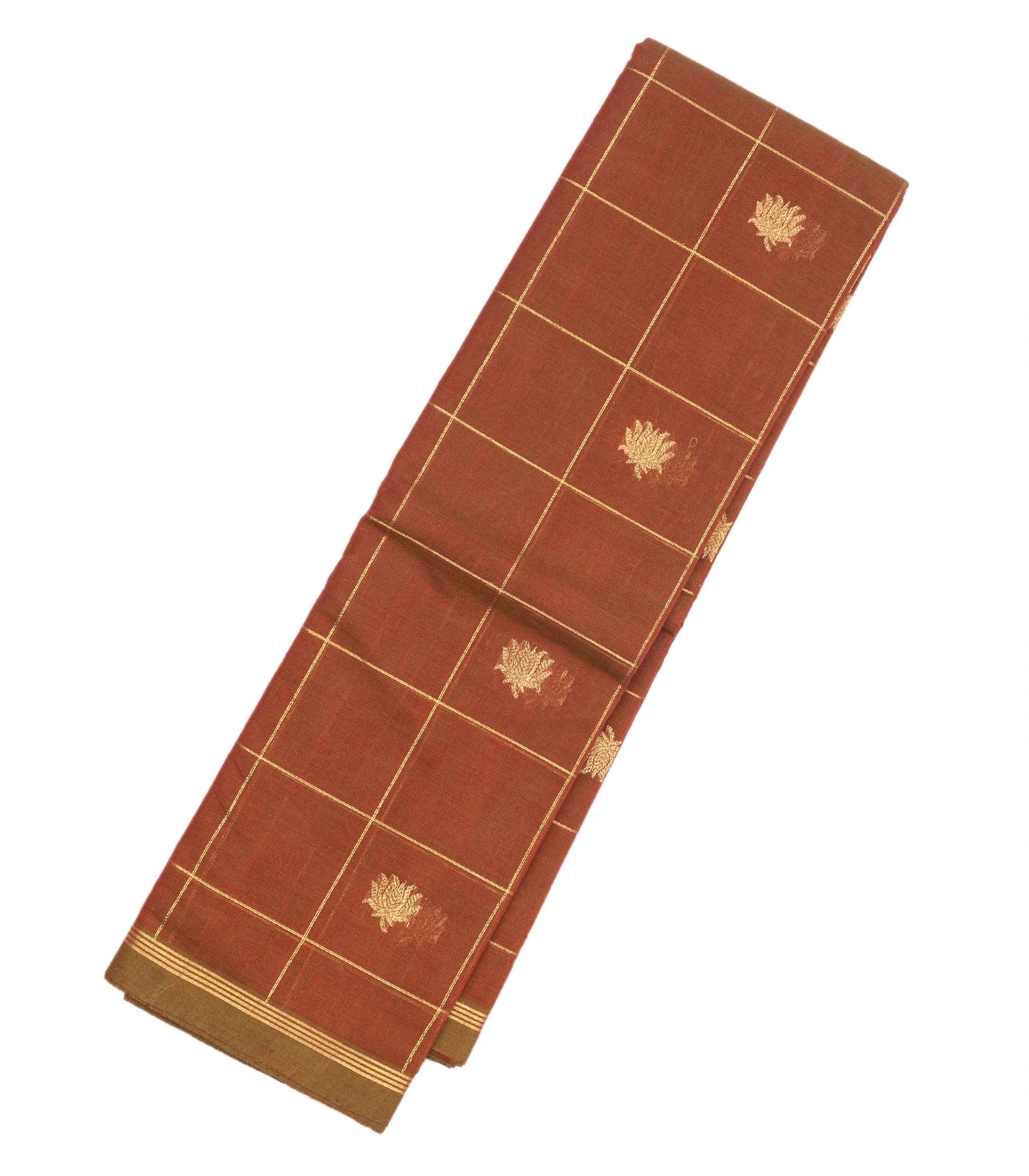 RmKV Brown Handloom Kanchi Cotton Saree With Checks & Lotus Buttas