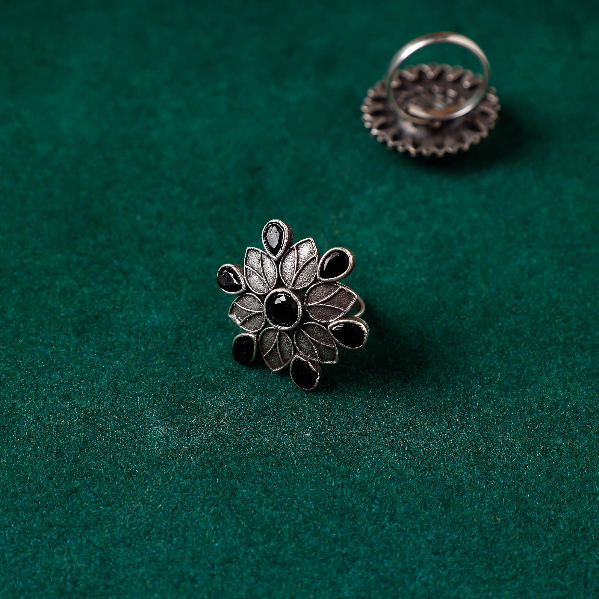 WHITE RIVER STORIES Antique Silver Finish Oxidised Brass Base Stone Work Ring (Adjustable)