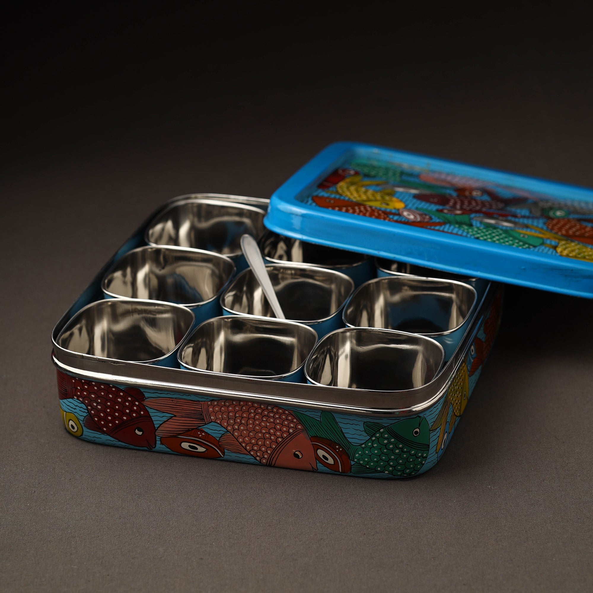 AAYAAS Blue - Bengal Patua Handpainted Stainless Steel Square Masala Box (9 x 9 in) - view 2