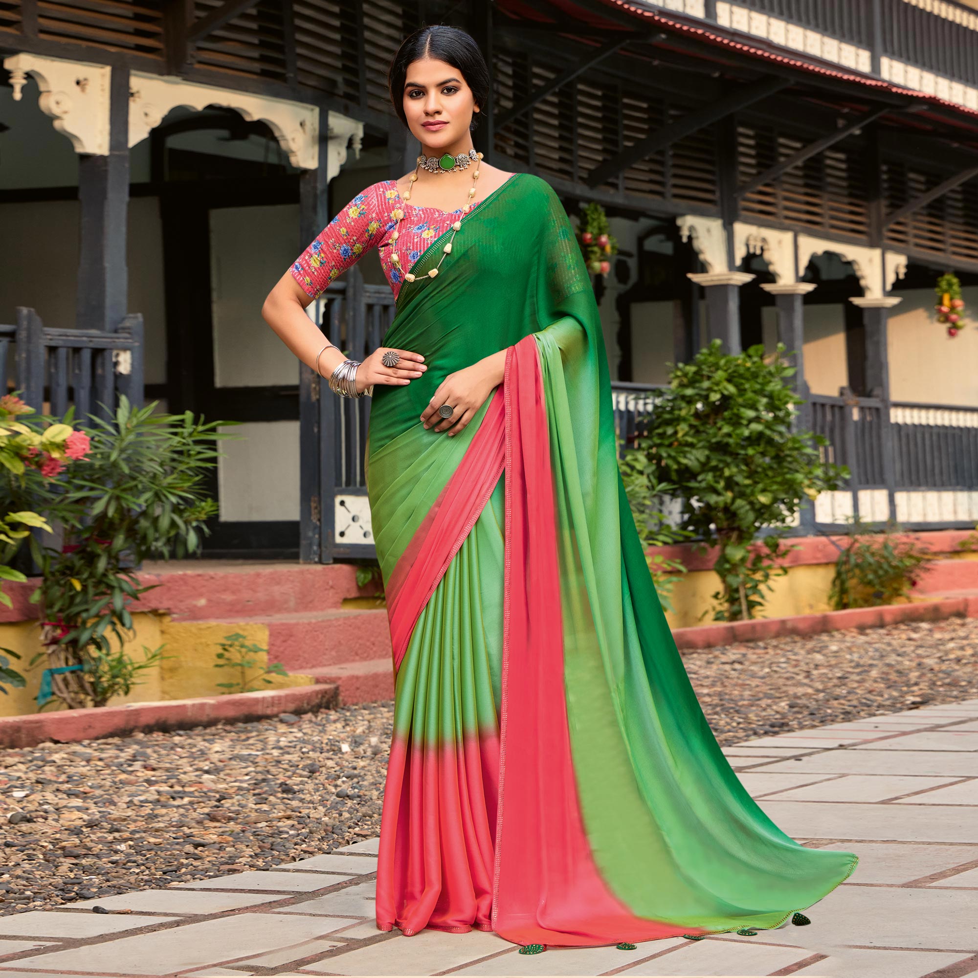 Peachmode Dark Green & Red Ombre Print Chiffon Sarees