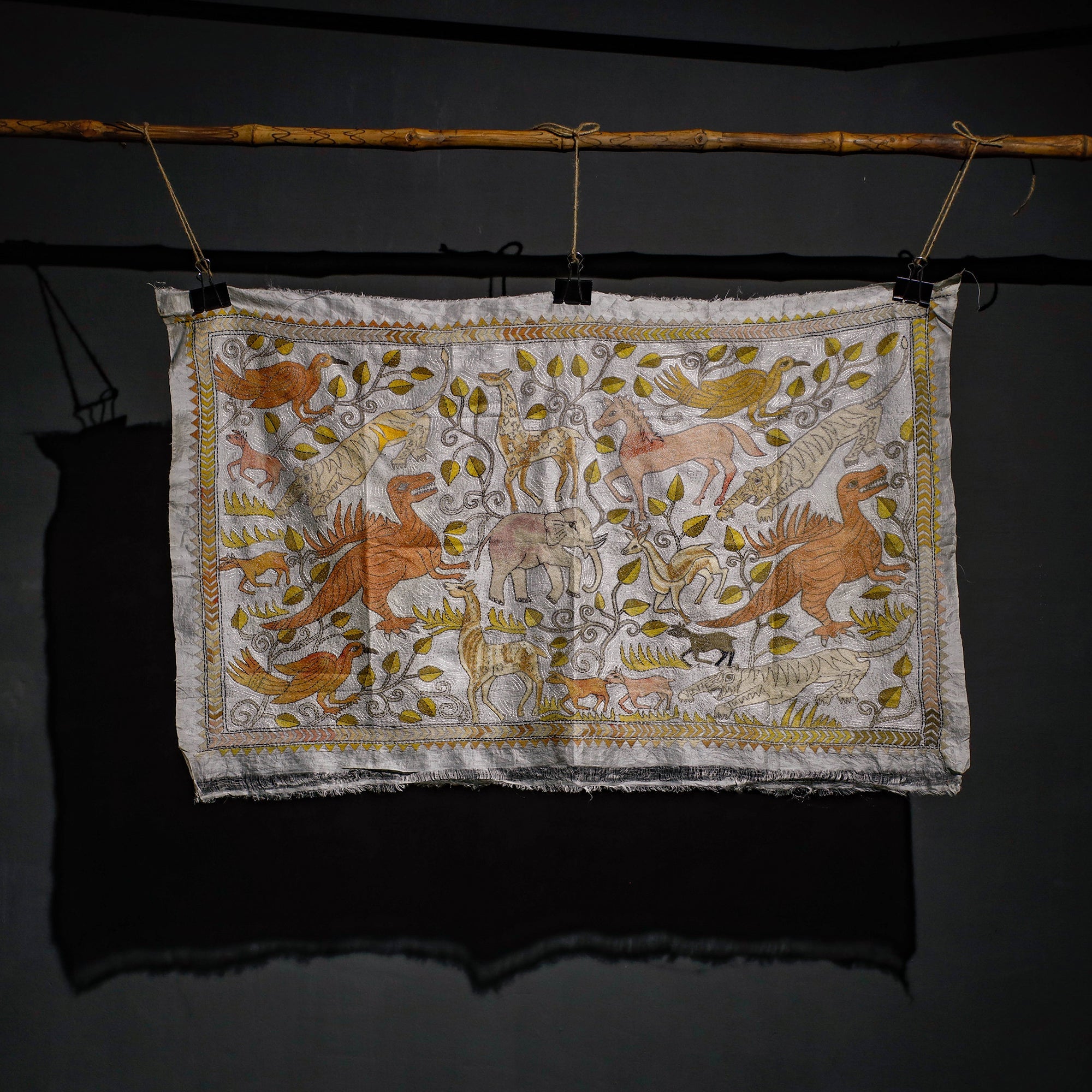 KHUSHBASH - HAPPY LOOM OF EAST Bengal Kantha Hand Embroidery Tussar Silk Wall Hanging (27 x 44 in) 05