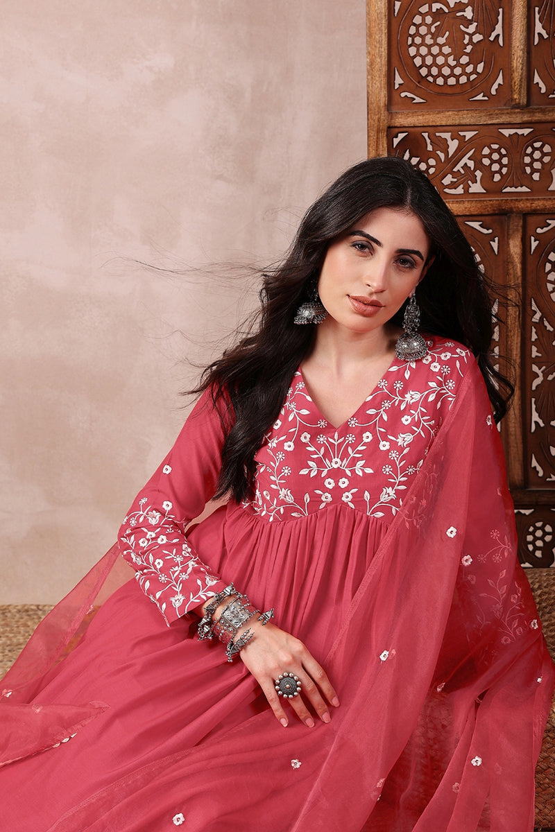 Ahika Red Cotton Blend Solid Embroidered A-Line Trouser Bottom Suit Set PKSKD2375 - view 4