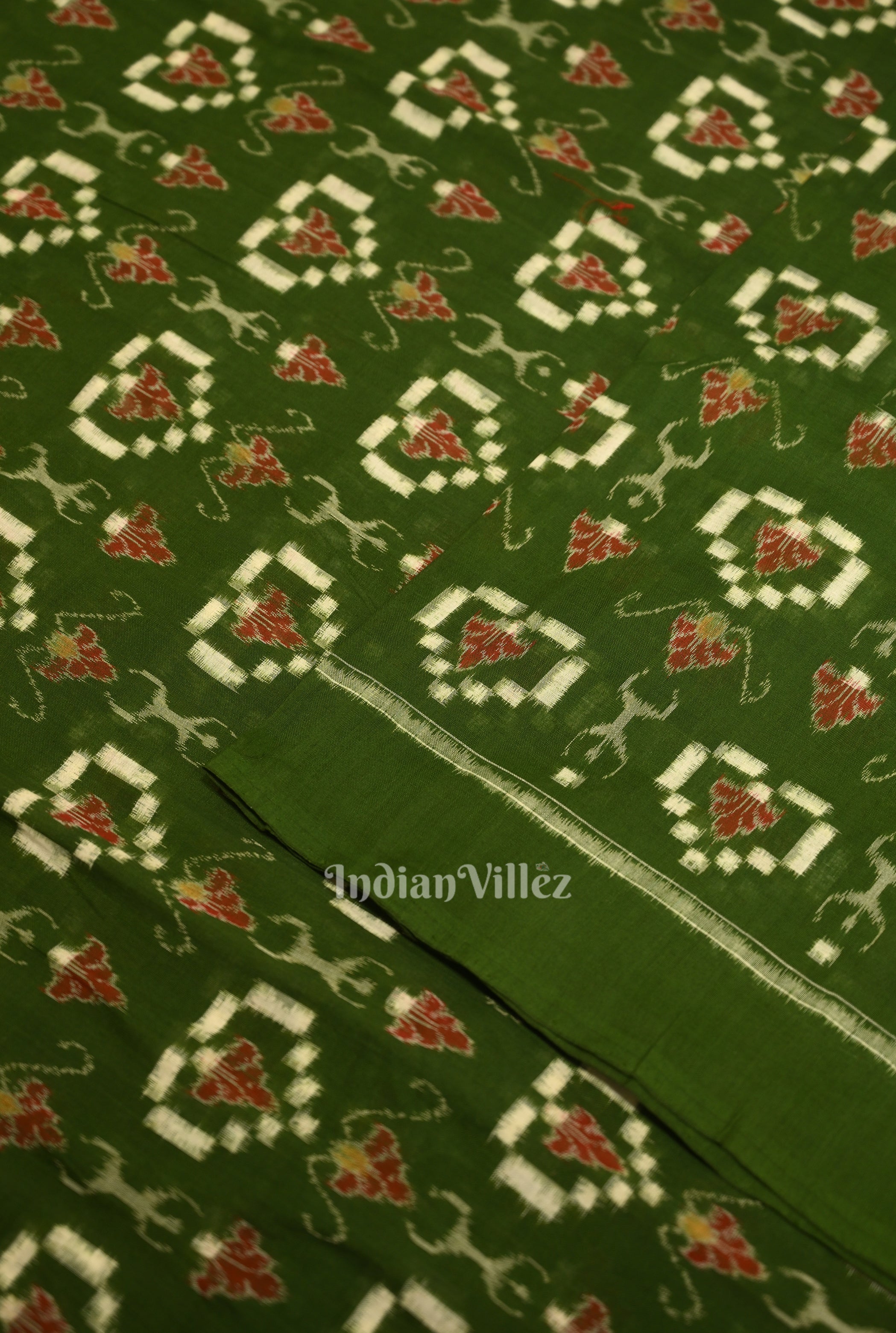 IndianVillèz Green Tribal Hearts Pasapali Sambalpuri Ikat Cotton Fabric - view 2