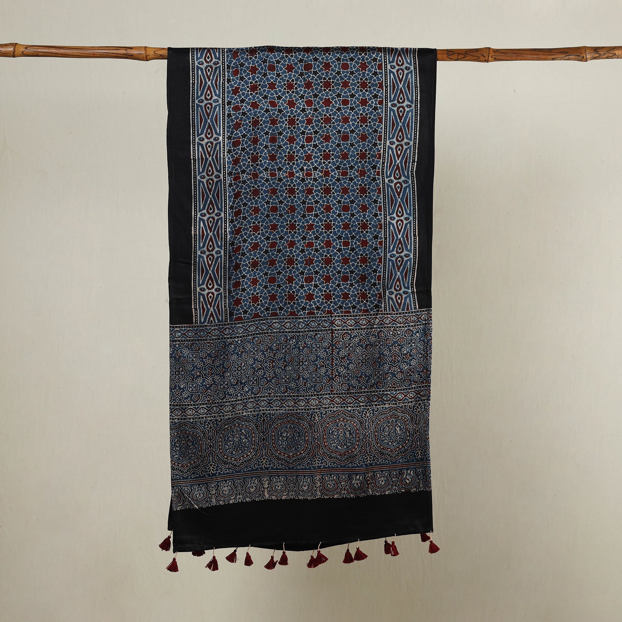 RIYAZ ABDULMAJID KHATRI - AJRAKH Blue - Ajrakh Hand Block Printed Mashru Silk Stole with Tassels - view 2