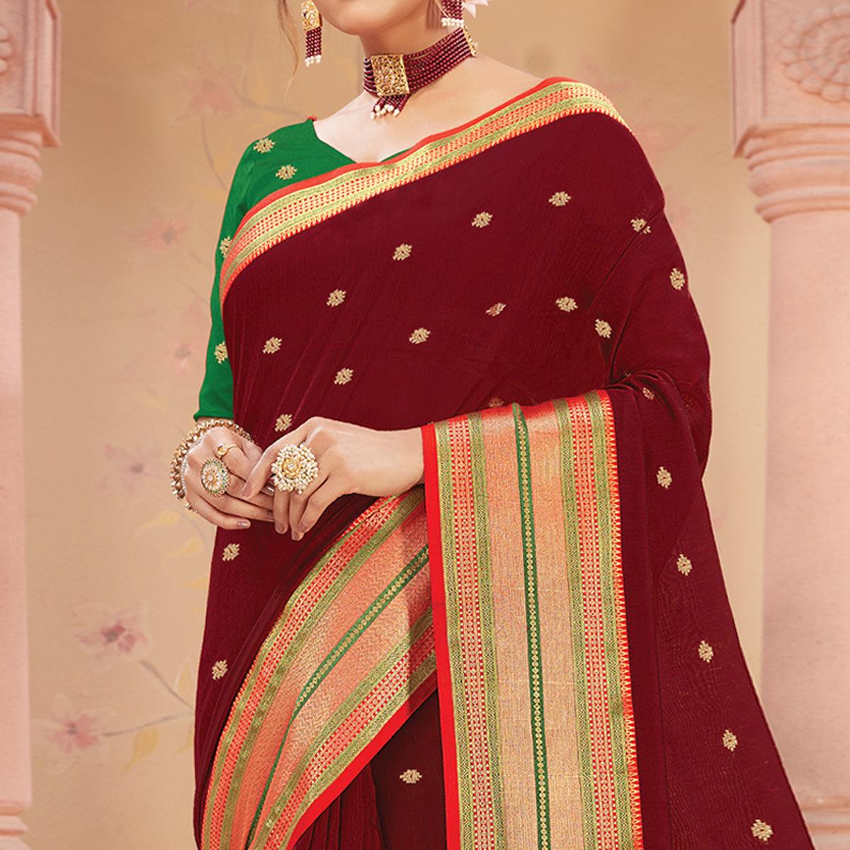 Peachmode Maroon Festive Wear Woven Handloom Silk Saree - view 2