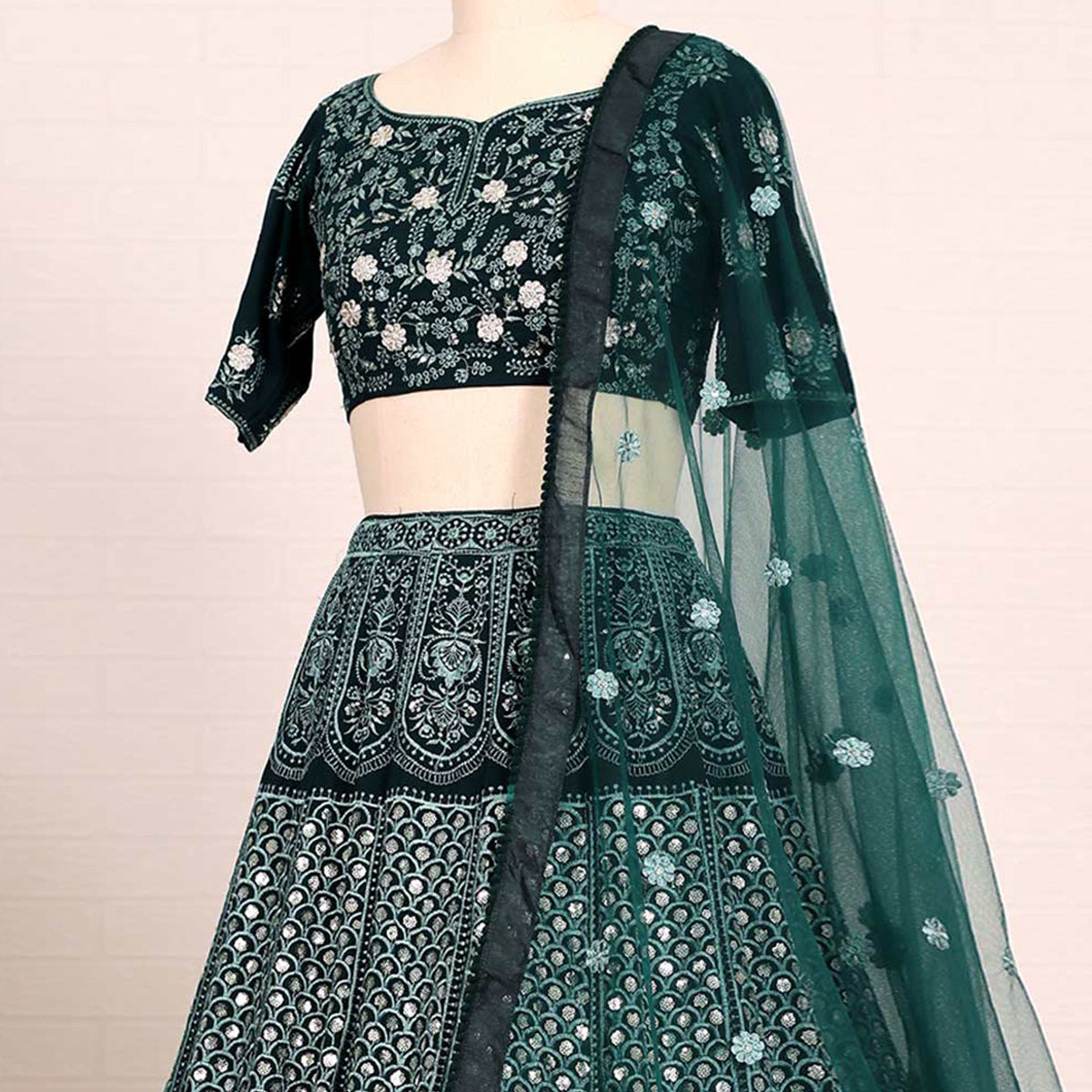 Peachmode Bottle Green Sequins Embroidered Georgette Lehenga Choli - view 2