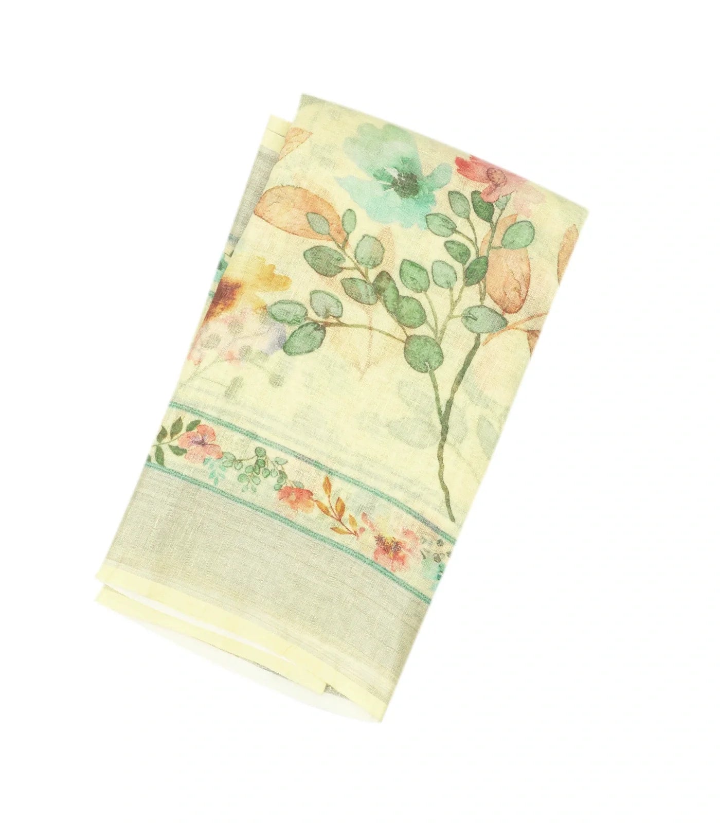 RmKV Light Yellow Handloom Linen Saree With Printed Floral Motifs