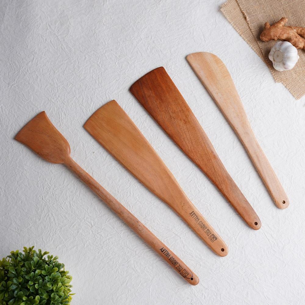 The Indus Valley 100% Natural Neem Wood Cooking & Serving Spatula/Ladles, Set of 4, Toxin-free, Anti-microbial