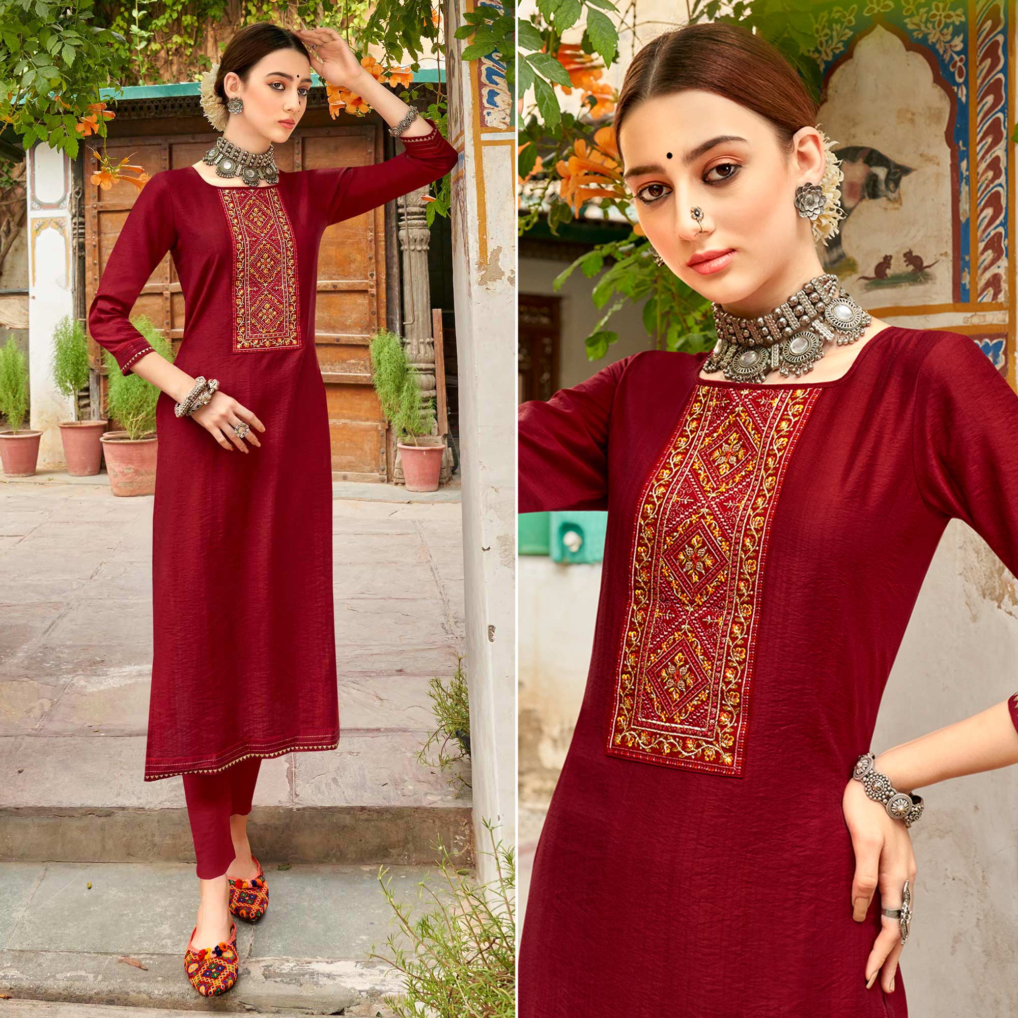 Peachmode Seller Dark Red Embroidered Viscose Kurti