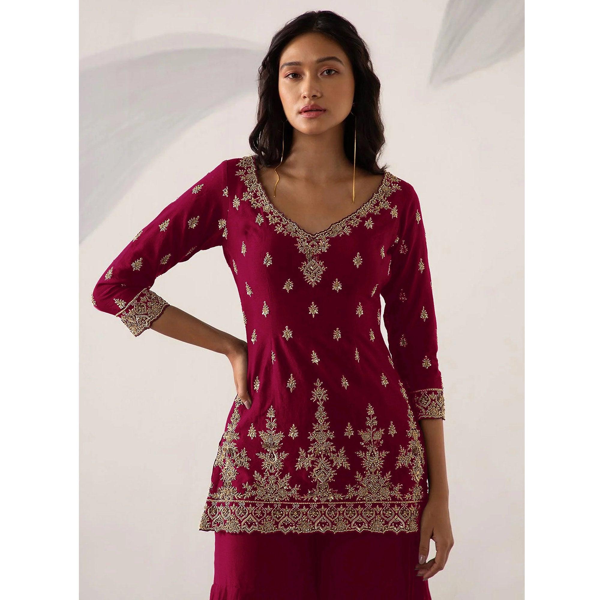 Peachmode Maroon Embroidered Georgette Sharara Suit - view 4
