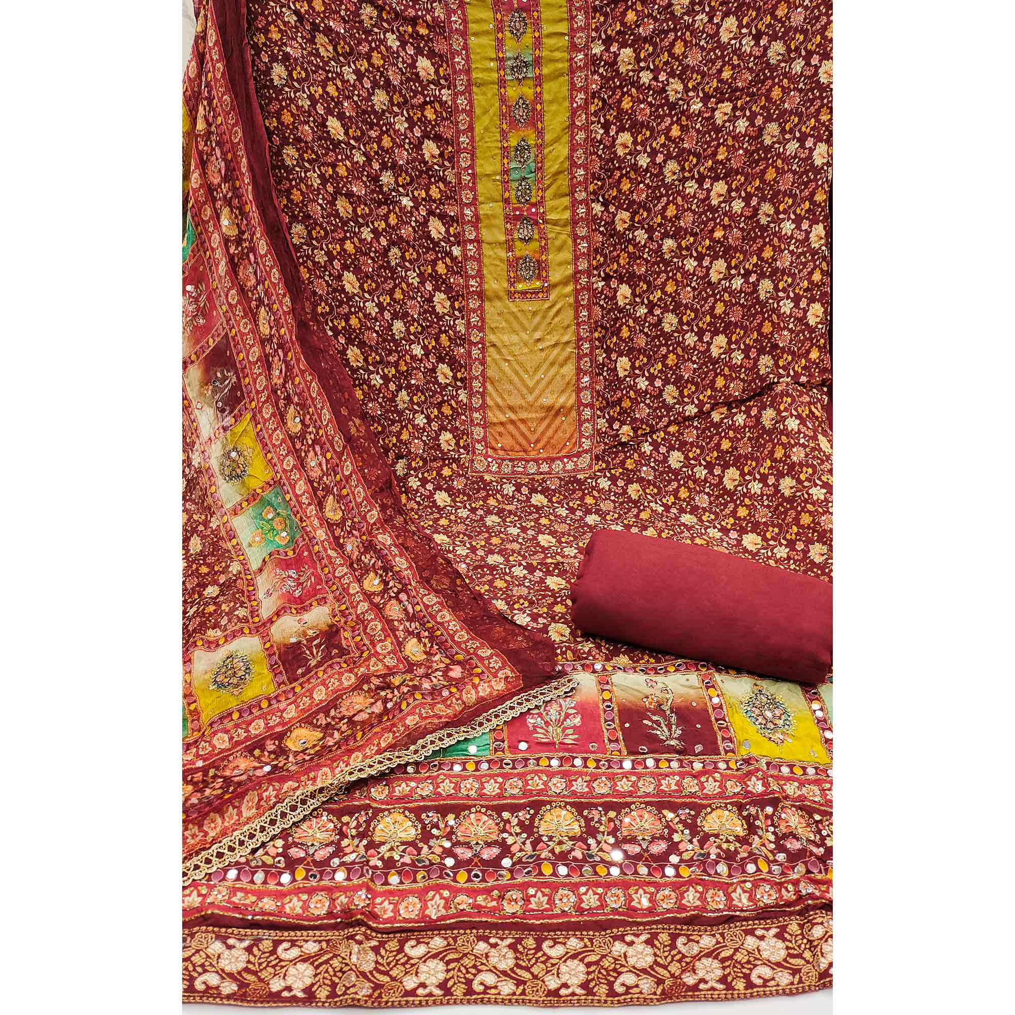 Peachmode Maroon Embroidered With Printed Work Muslin Dress Material - view 3