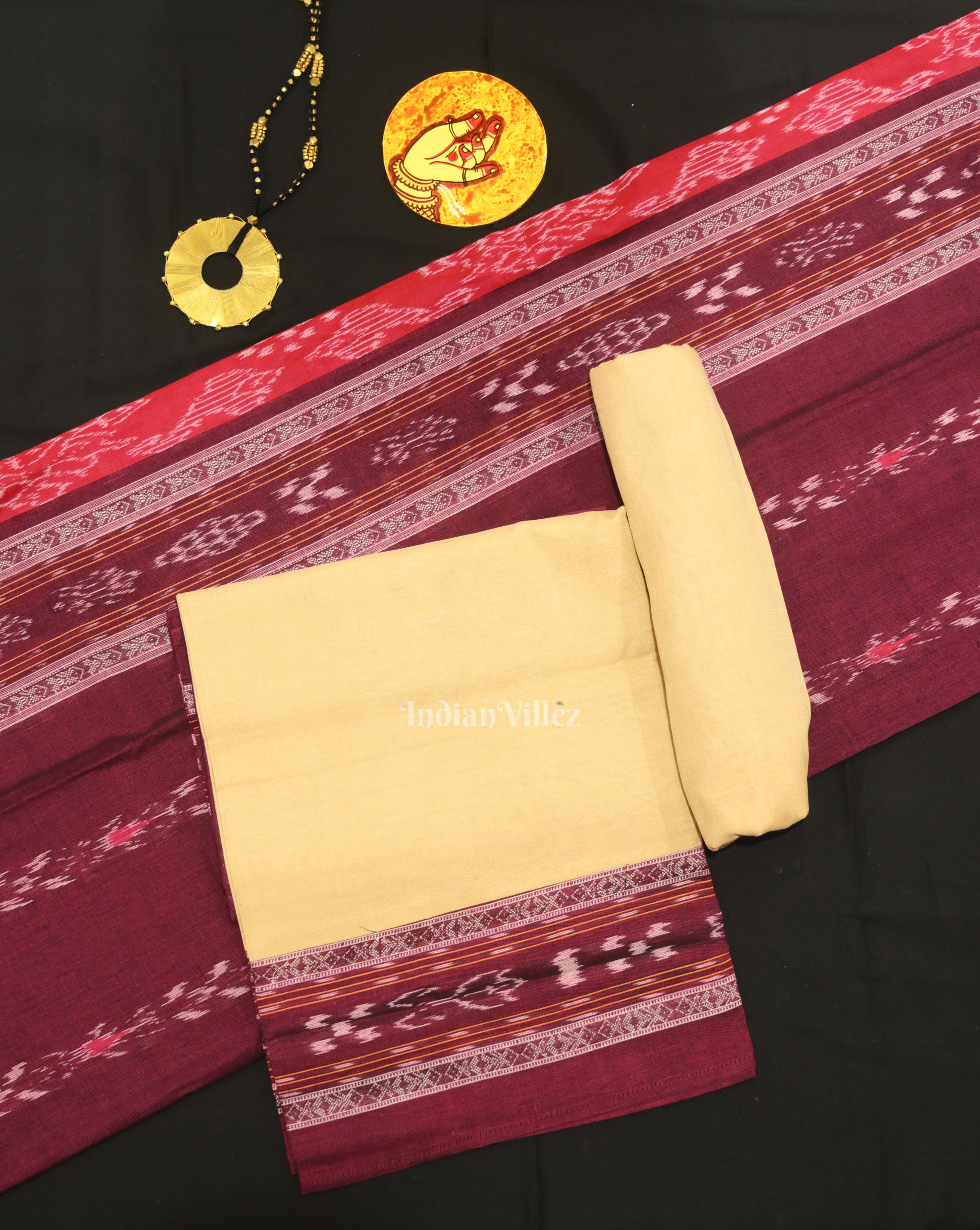 IndianVillèz Maroon Cream Pasapali Sambalpuri Cotton Dress set with Dupatta