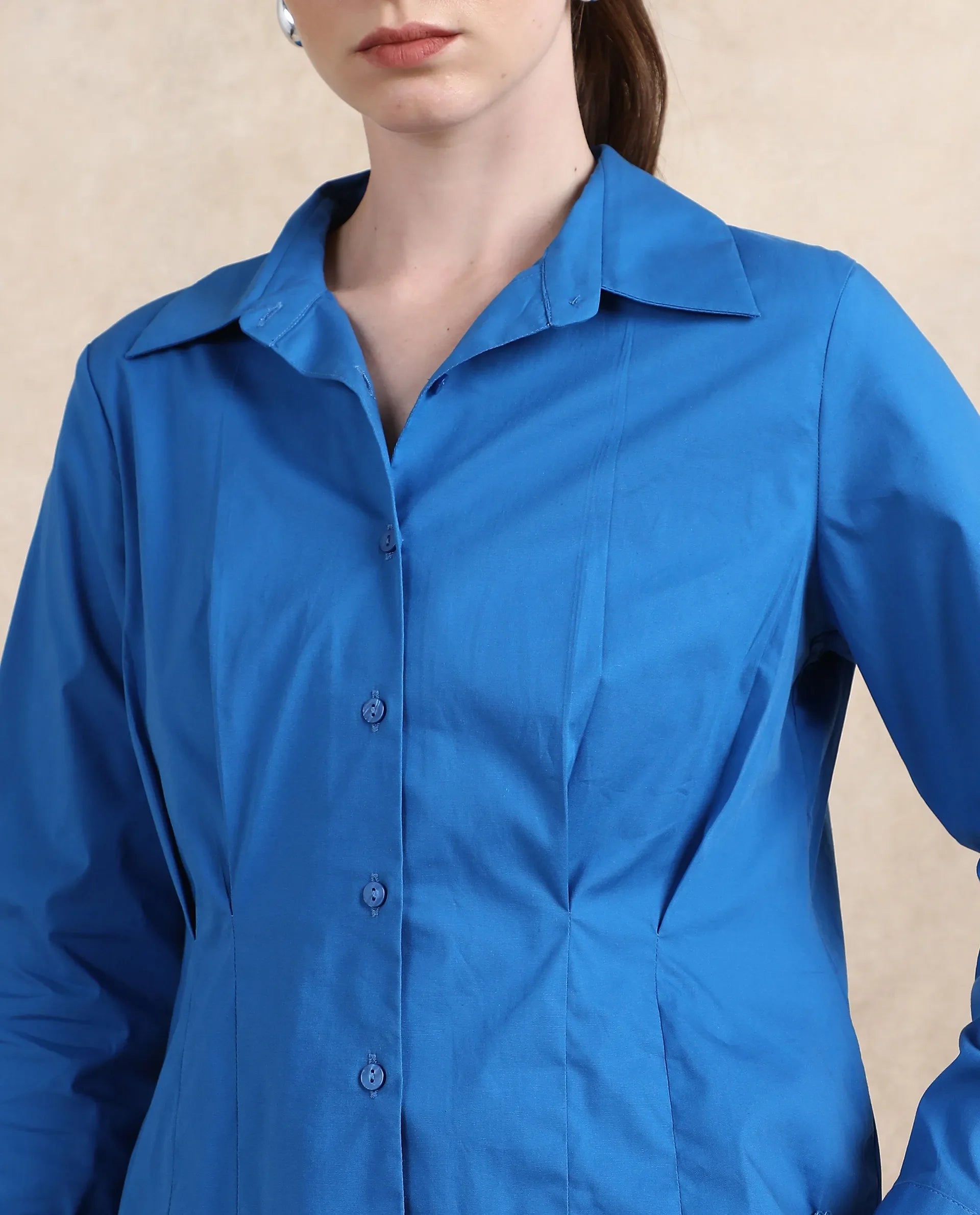 Rareism Women Avica Blue Cotton Fabric Cuffed Sleeve Collared Neck Button Closure Plain Shirt - view 2