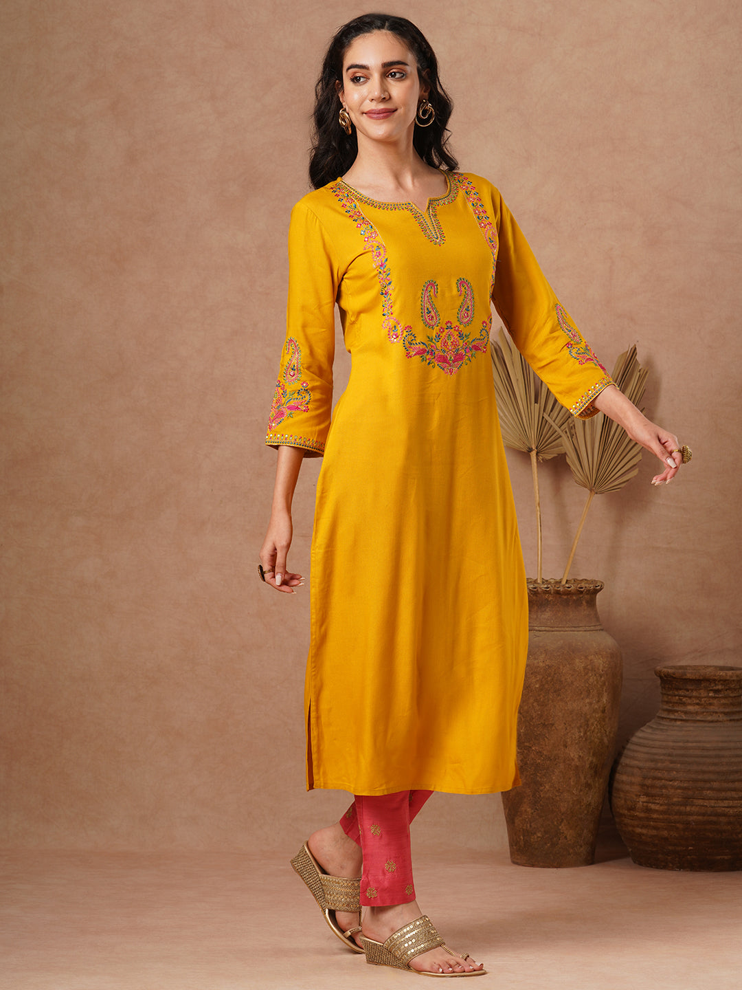 FASHOR Ethnic Embroidered Straight Fit Kurta - Yellow - view 5