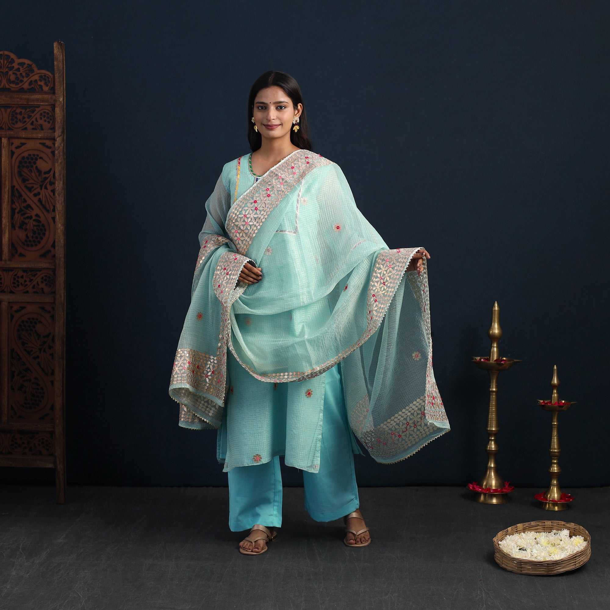ITOKRI CASUALS Blue - Elegant Gota Work Silk Kota Doria Kurta Set 01 - view 2