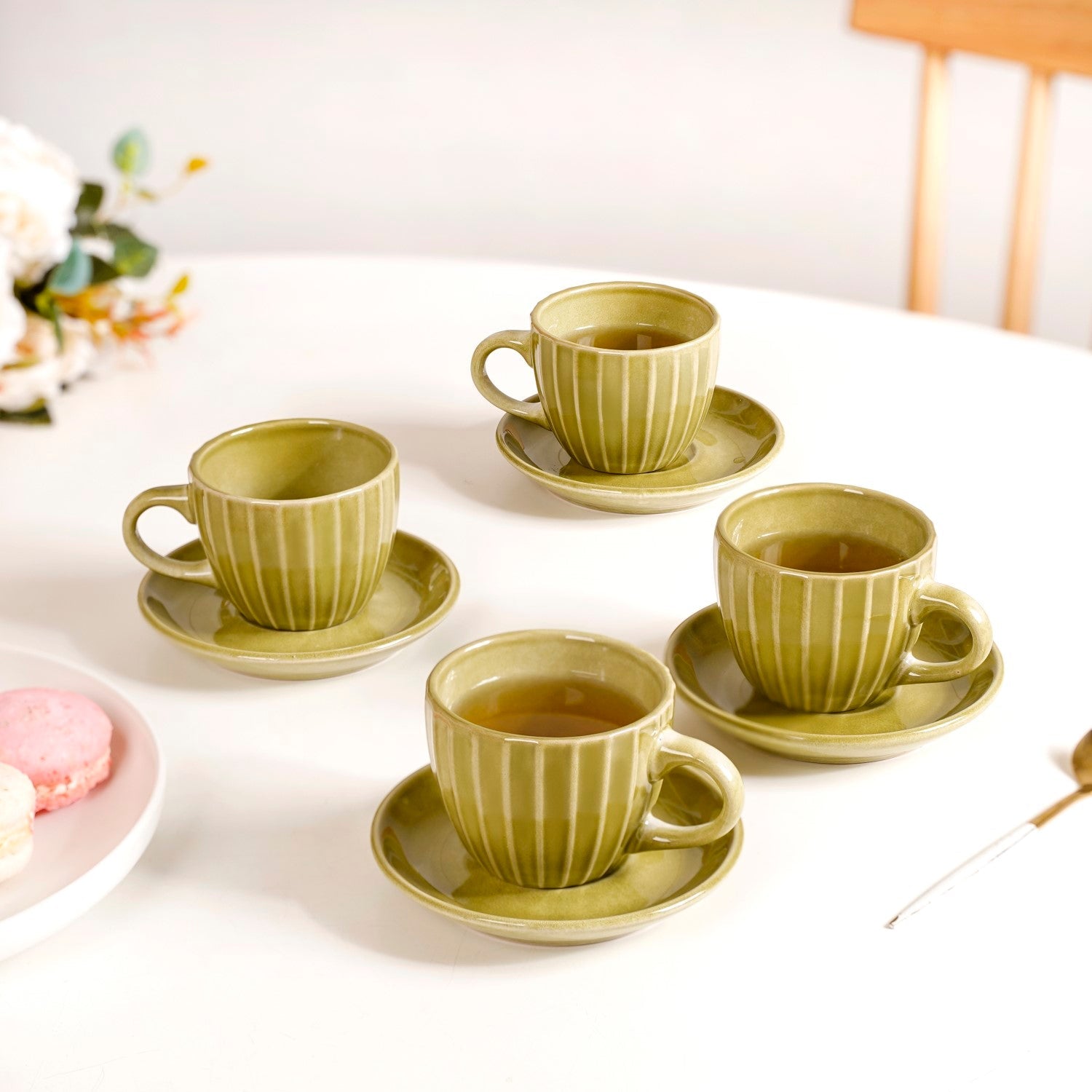 Nestasia Costola Tea Cup And Saucer Set Of 4 Olive 125ml