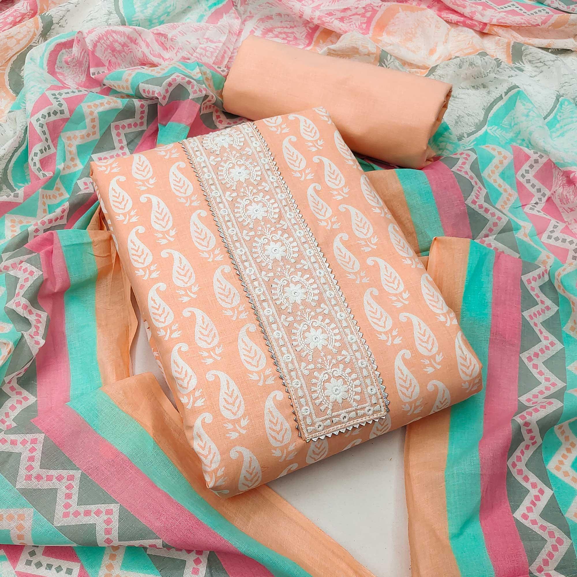 Peachmode Light Orange Casual Wear Printed Cotton Dress Material